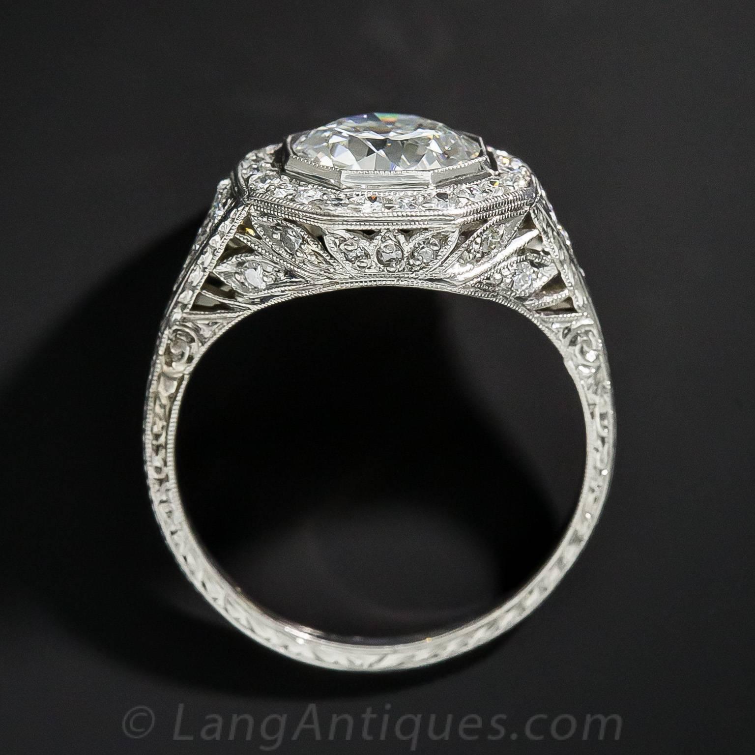 Art Deco 2.24 Carat GIA Cert Diamond Platinum Halo Engagement Ring  2