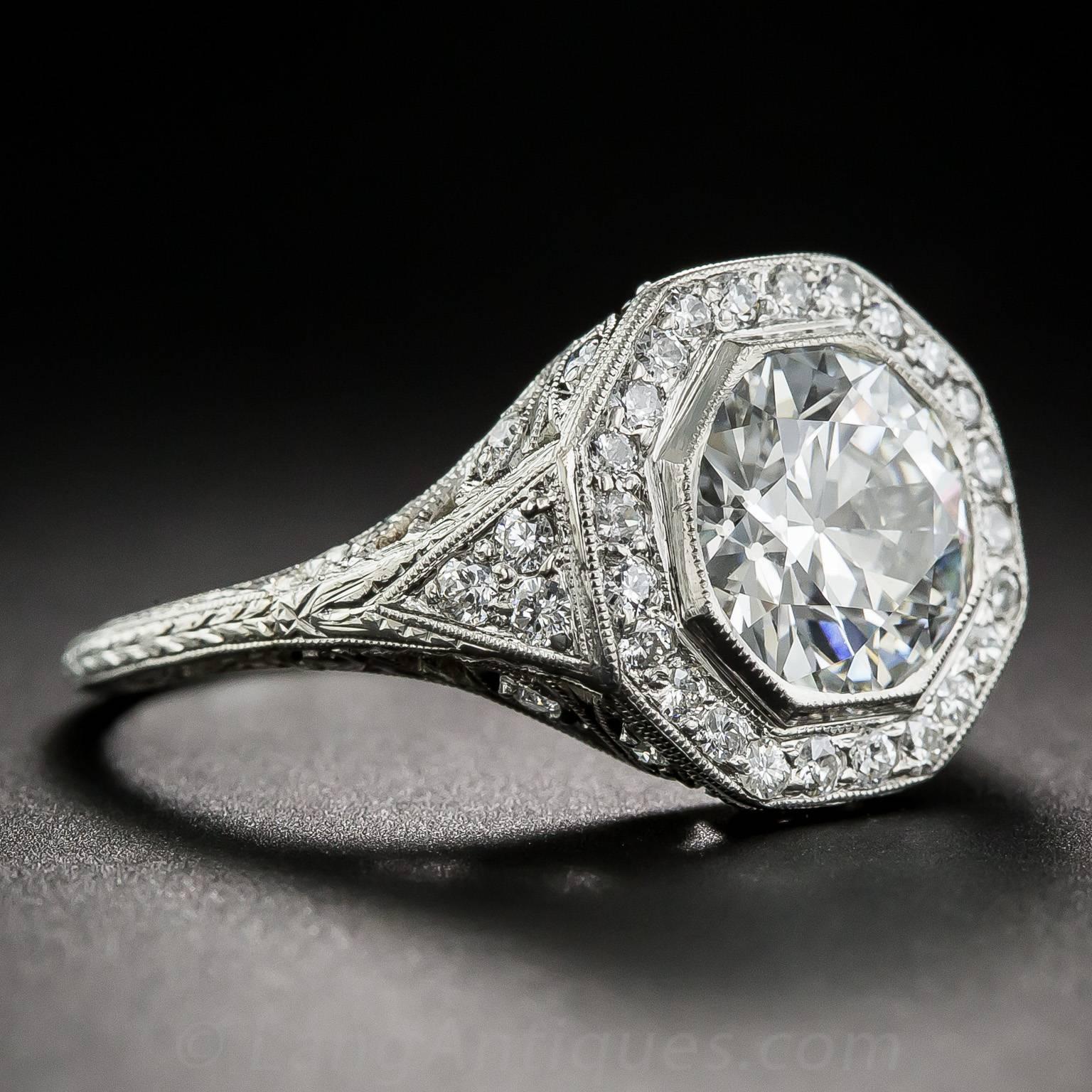 Art Deco 2.24 Carat GIA Cert Diamond Platinum Halo Engagement Ring  In Excellent Condition In San Francisco, CA