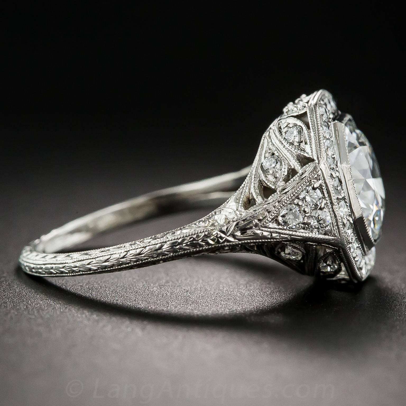 Women's Art Deco 2.24 Carat GIA Cert Diamond Platinum Halo Engagement Ring 