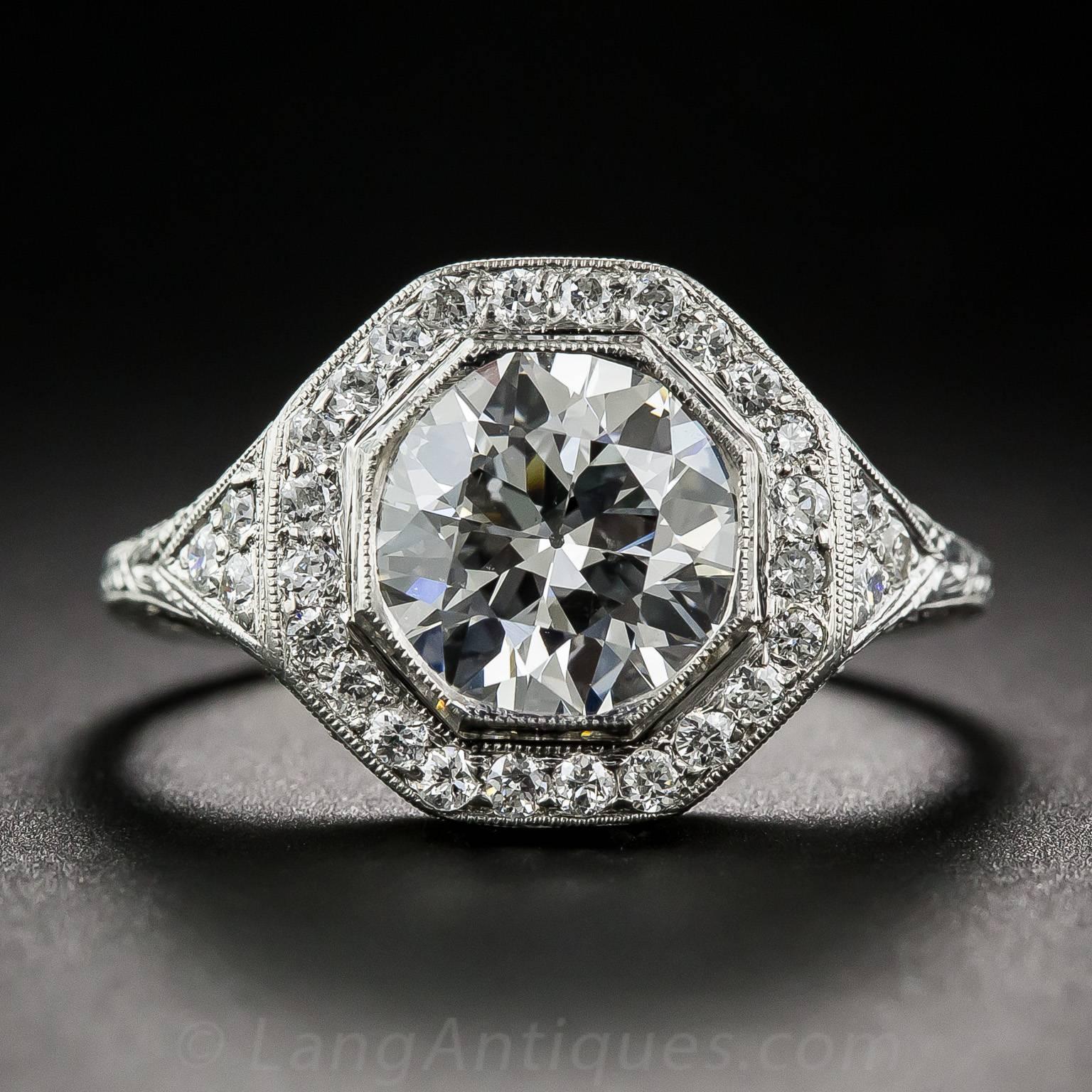 Few, if any, original Art Deco engagement rings come as fine and fabulous as this ultra-sparkler, masterfully crafted in platinum during the height of the Jazz Age - circa 1925. A high-color, high-quality European-cut diamond, weighing 2.24 carats,