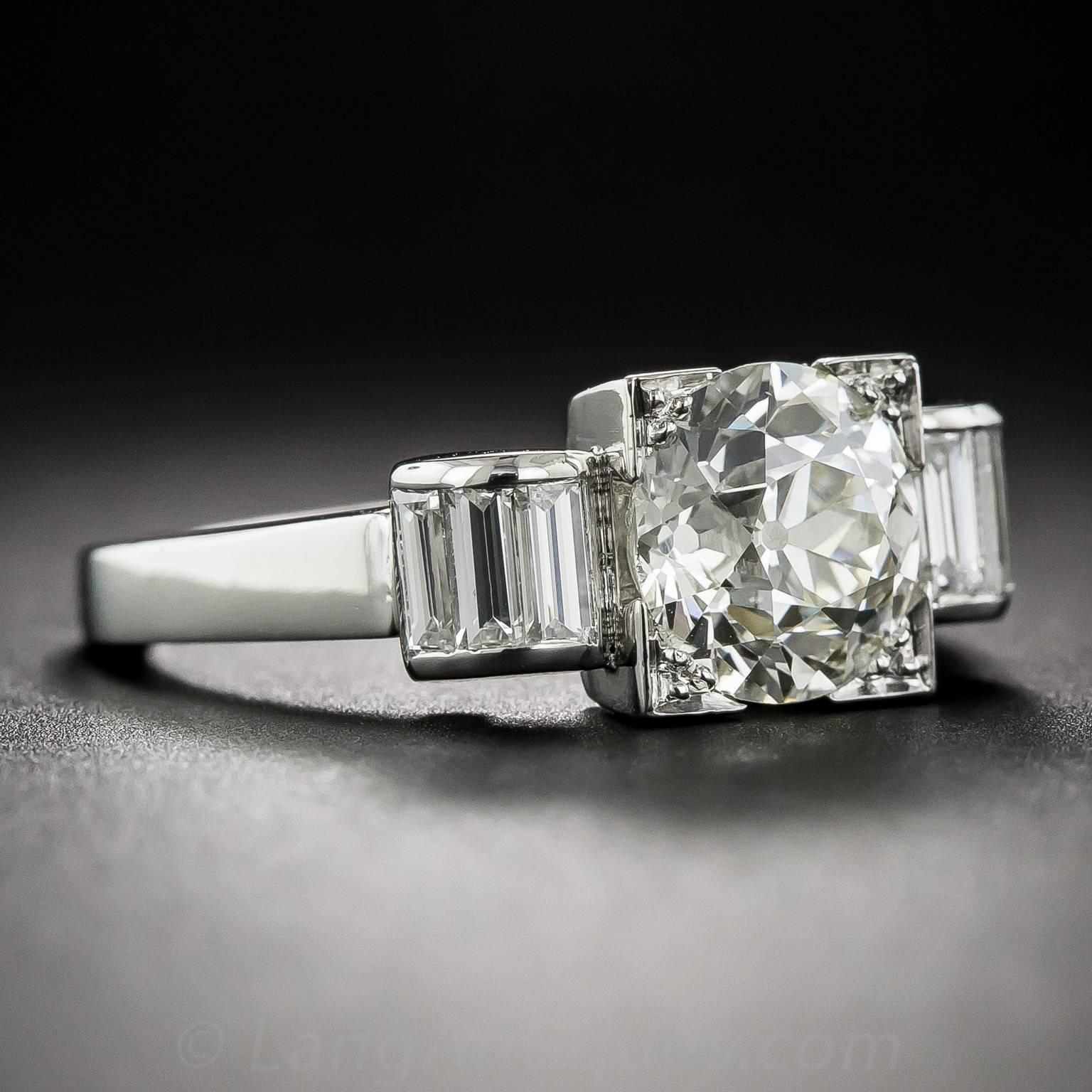 Baguette Cut Art Deco 2.50 Carat Diamond Platinum Engagement Ring For Sale
