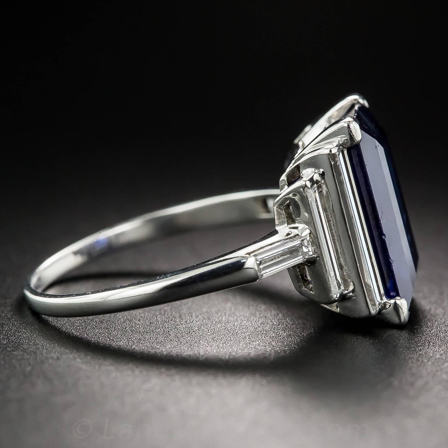 Art Deco Natural No-Heat 5.00 Carat Rectangular Step Cut Sapphire Diamond Ring