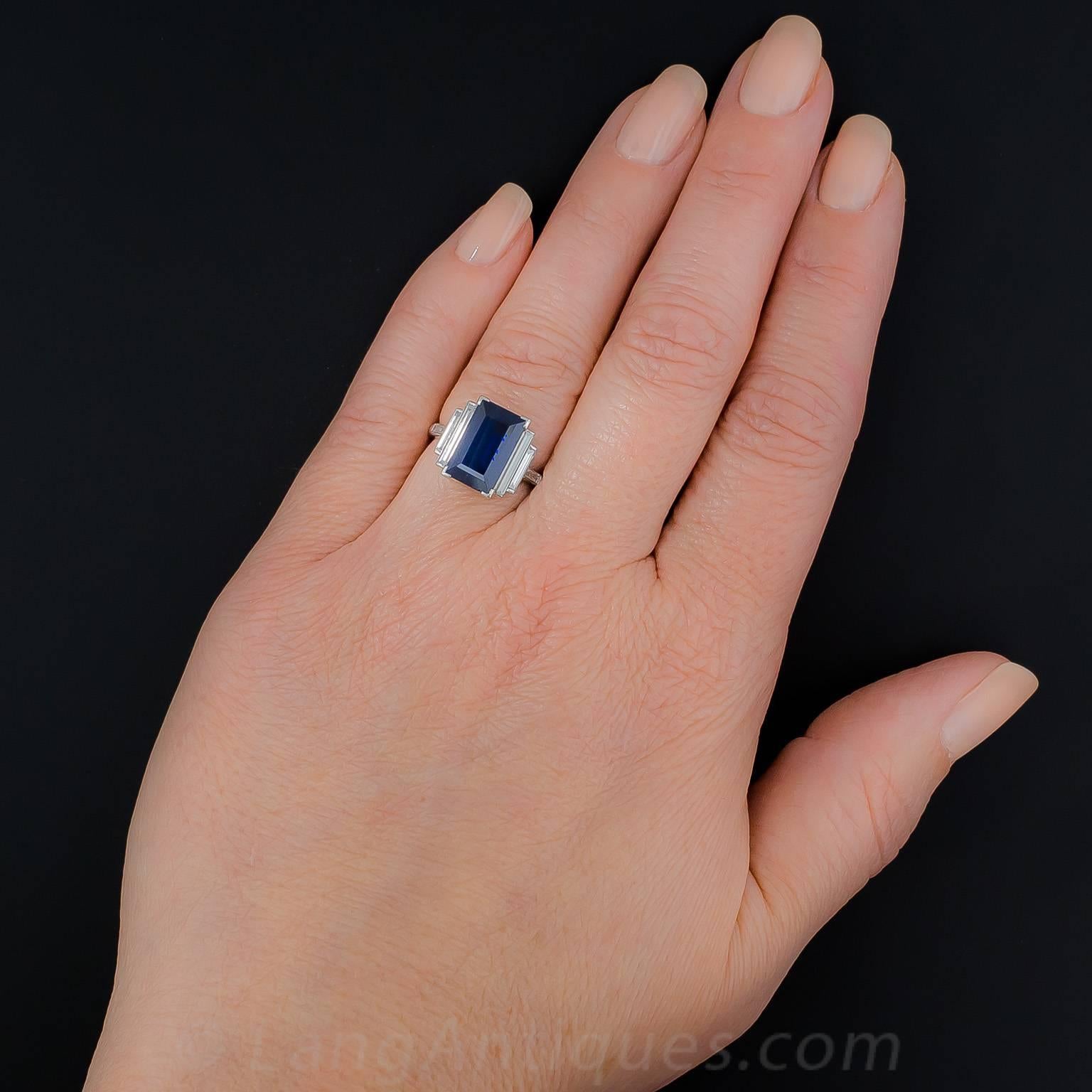 Natural No-Heat 5.00 Carat Rectangular Step Cut Sapphire Diamond Ring 1