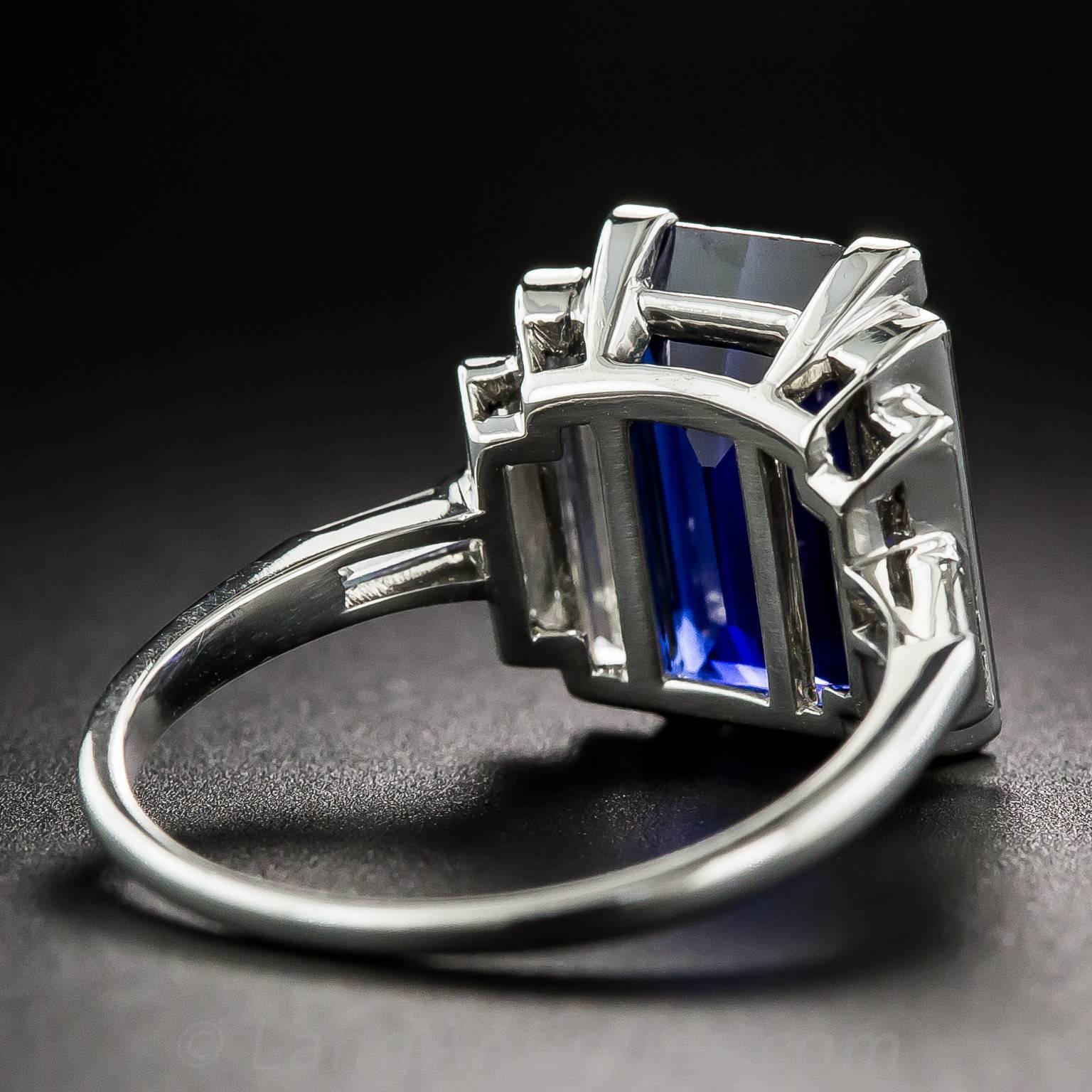 Natural No-Heat 5.00 Carat Rectangular Step Cut Sapphire Diamond Ring In Excellent Condition In San Francisco, CA