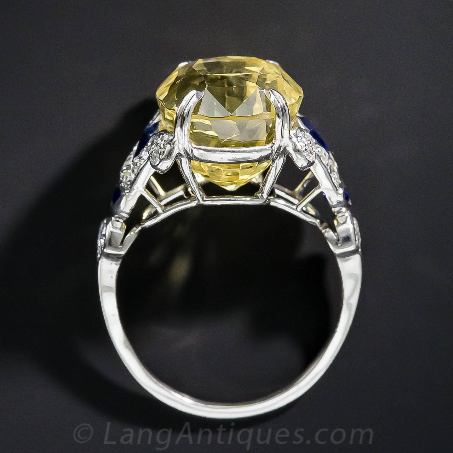 12.03 Carat GIA Cert Natural No Heat Yellow Sapphire Diamond Platinum Ring For Sale 1