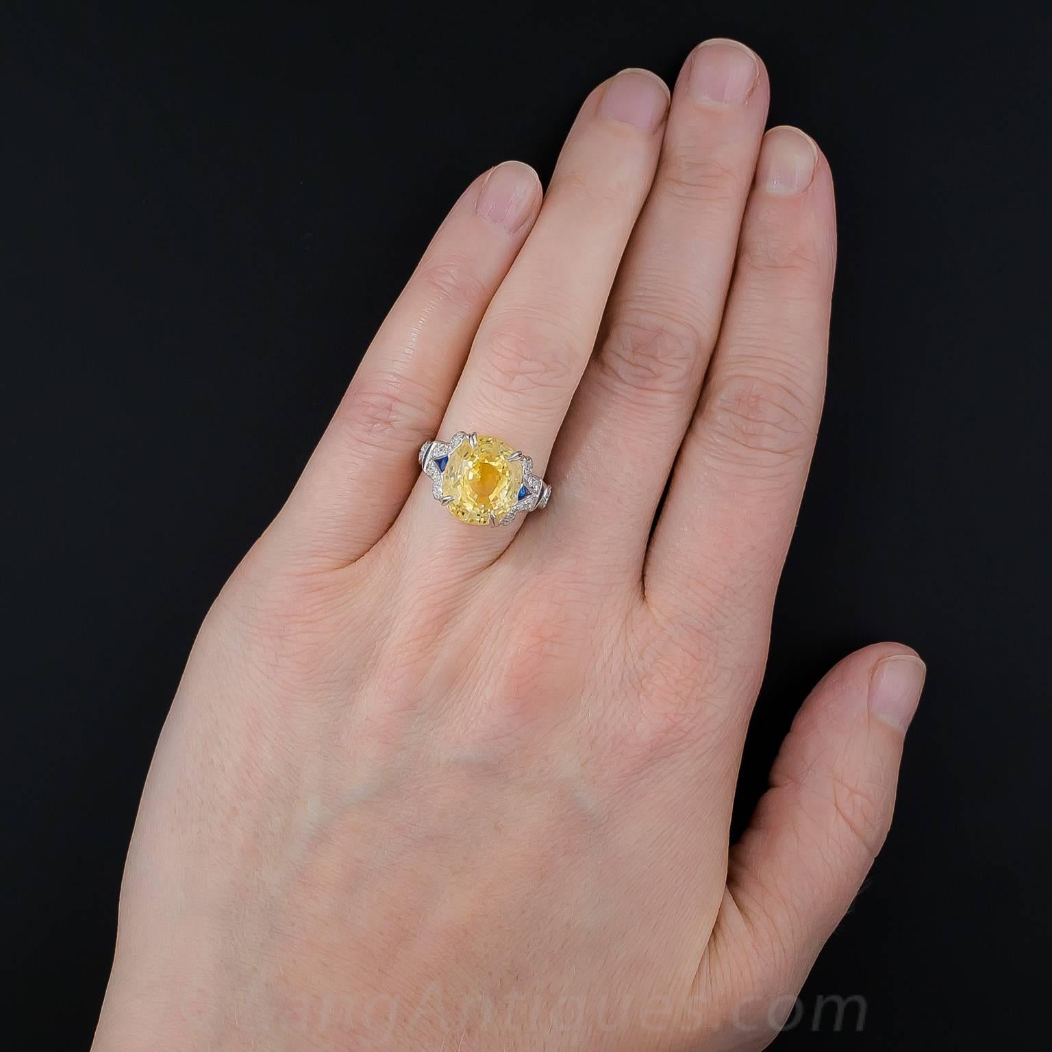 12.03 Carat GIA Cert Natural No Heat Yellow Sapphire Diamond Platinum Ring For Sale 2