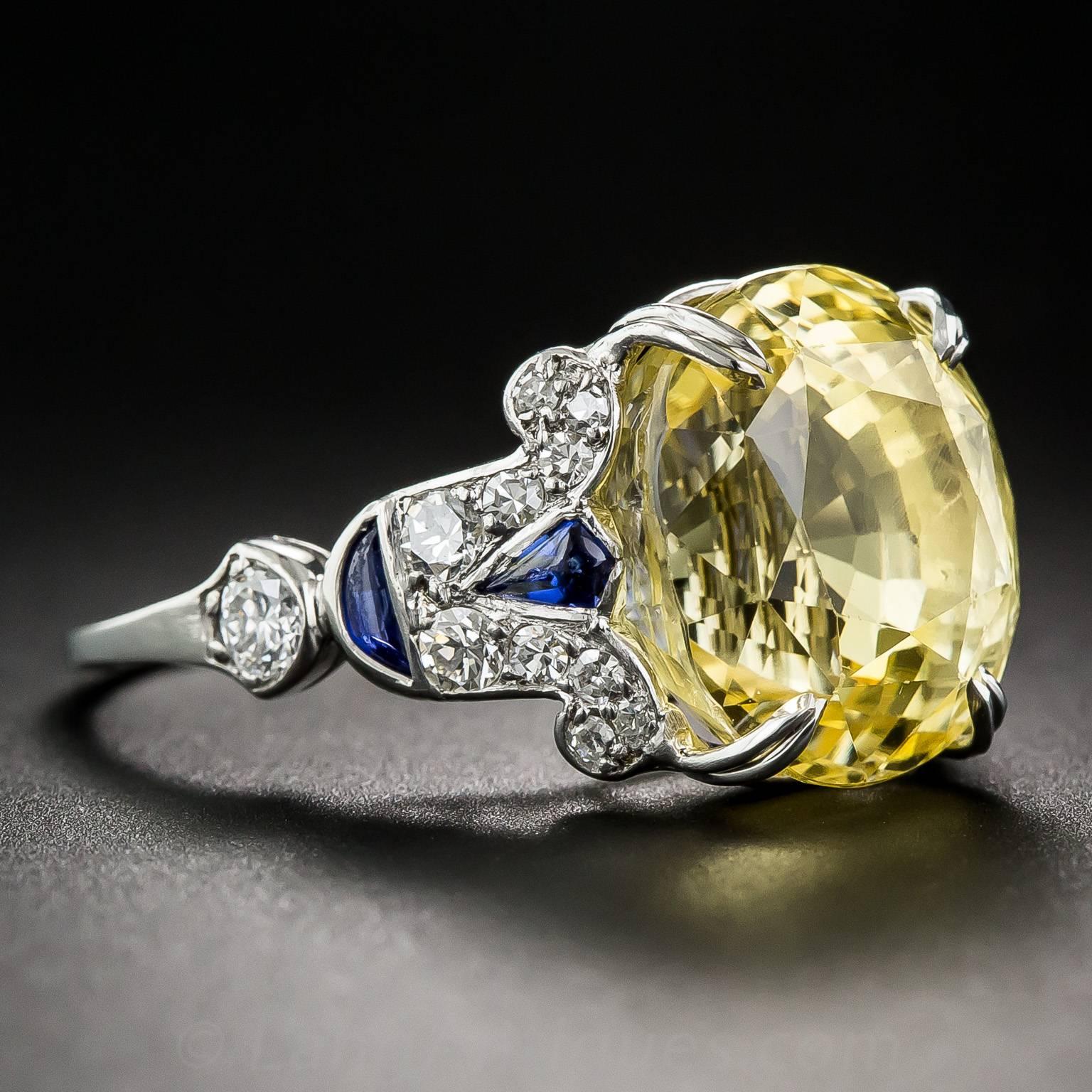 Art Deco 12.03 Carat GIA Cert Natural No Heat Yellow Sapphire Diamond Platinum Ring For Sale