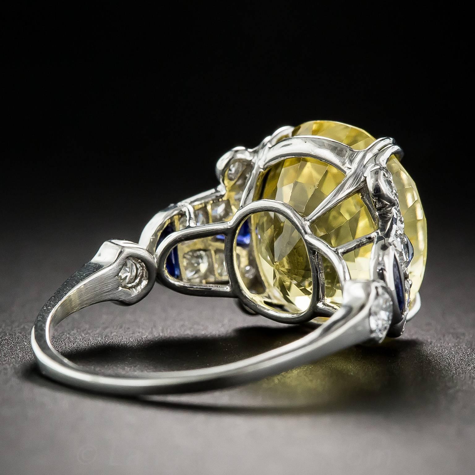 Women's 12.03 Carat GIA Cert Natural No Heat Yellow Sapphire Diamond Platinum Ring For Sale