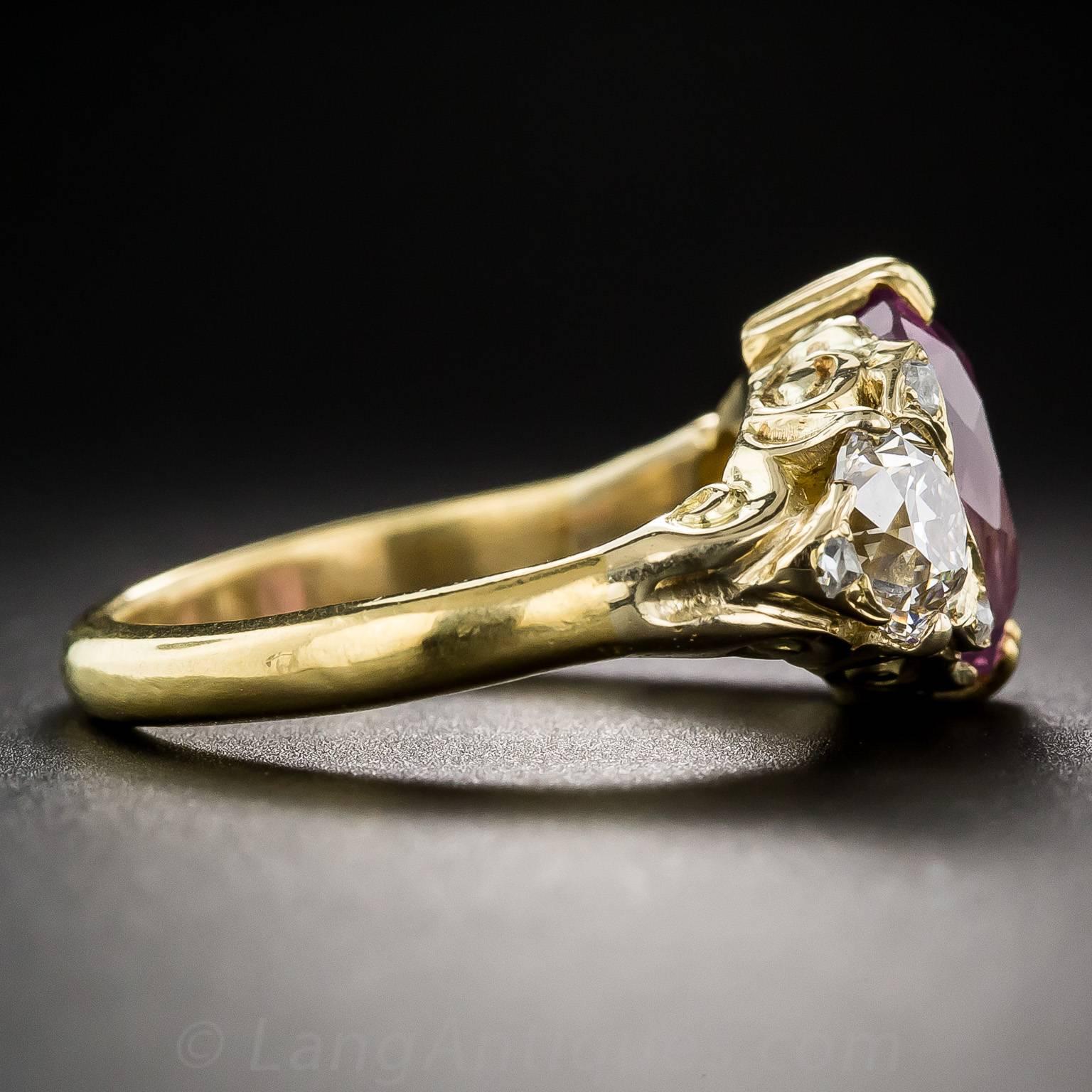 Women's 4.50 Carat Natural No Heat Pink Sapphire and Diamond Victorian Style Ring For Sale