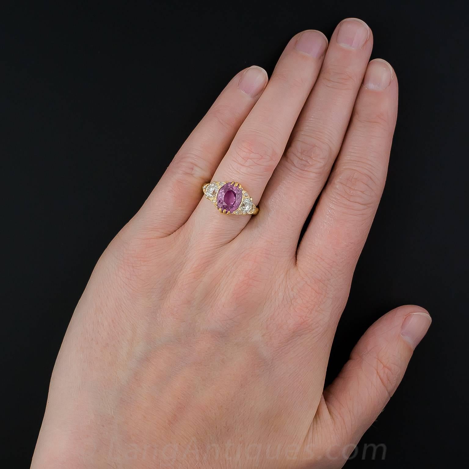 4.50 Carat Natural No Heat Pink Sapphire and Diamond Victorian Style Ring For Sale 3