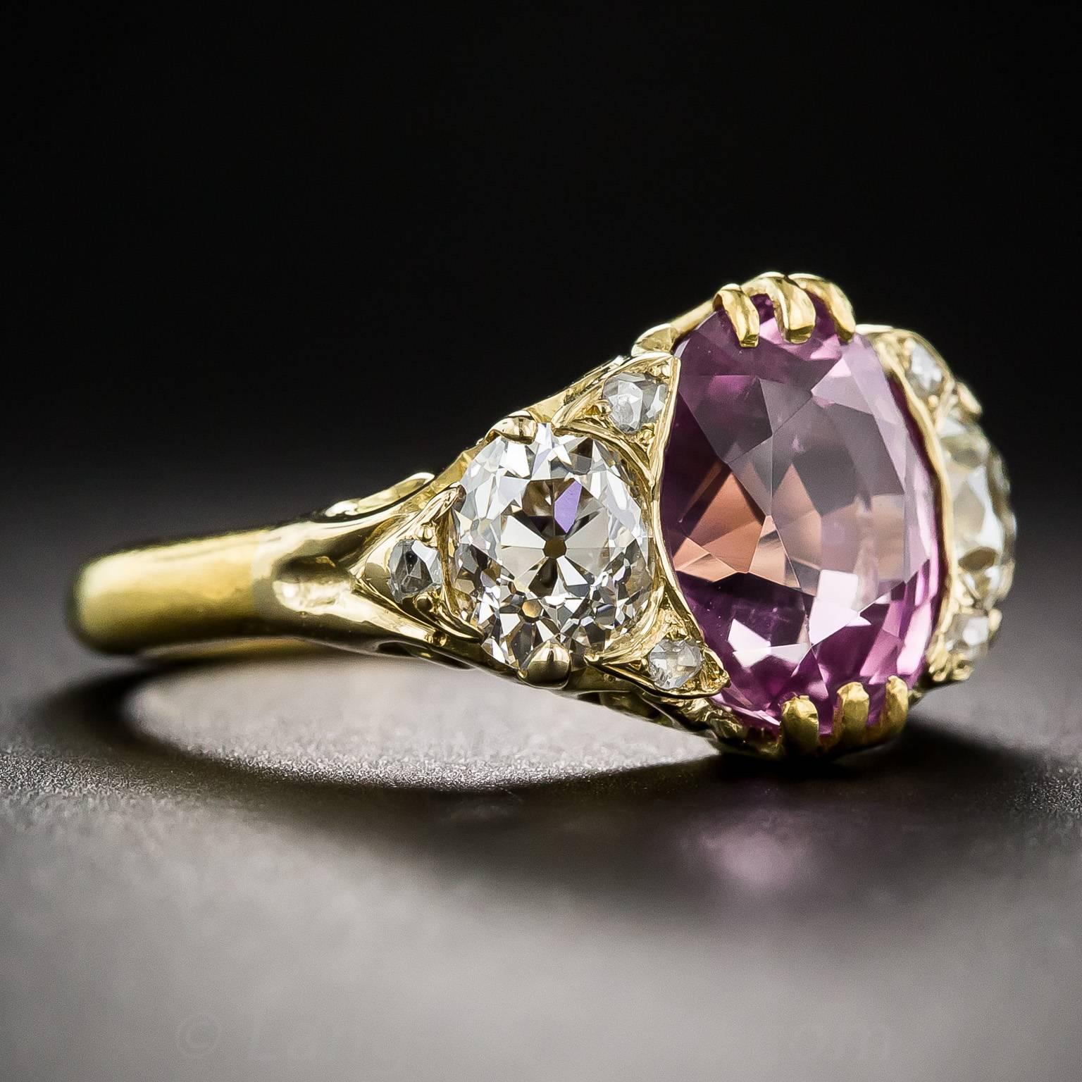 4.50 Carat Natural No Heat Pink Sapphire and Diamond Victorian Style Ring In Excellent Condition For Sale In San Francisco, CA
