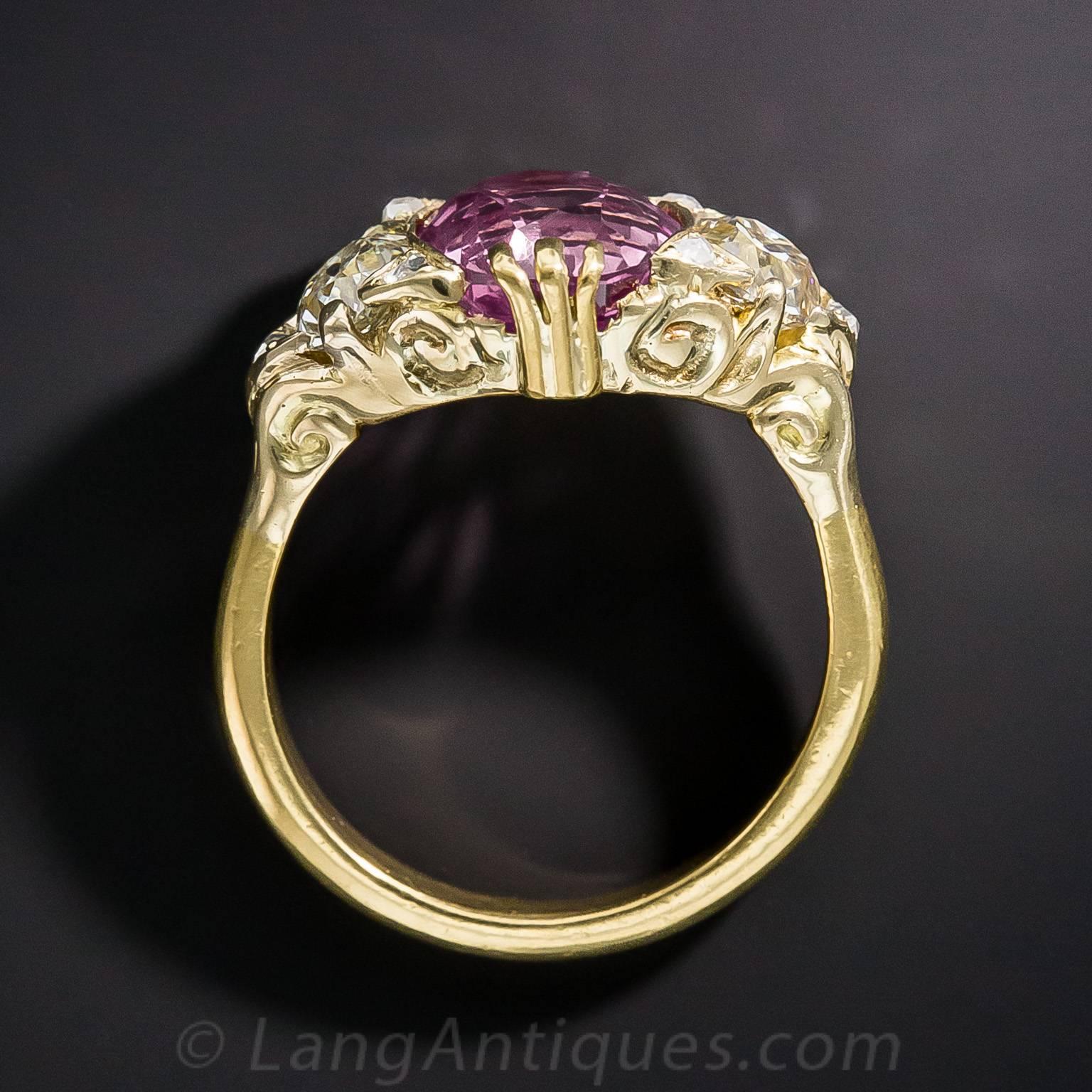 4.50 Carat Natural No Heat Pink Sapphire and Diamond Victorian Style Ring For Sale 2