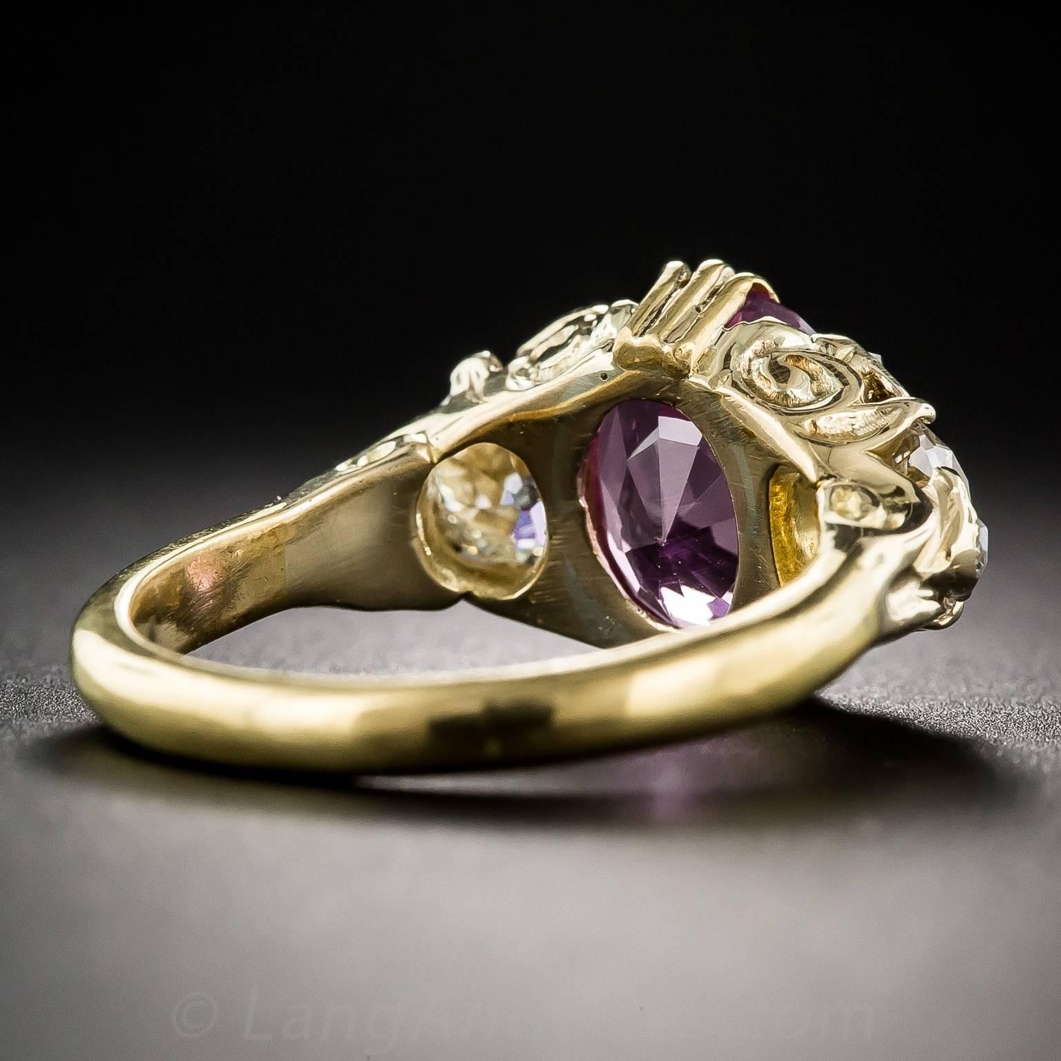 4.50 Carat Natural No Heat Pink Sapphire and Diamond Victorian Style Ring For Sale 1