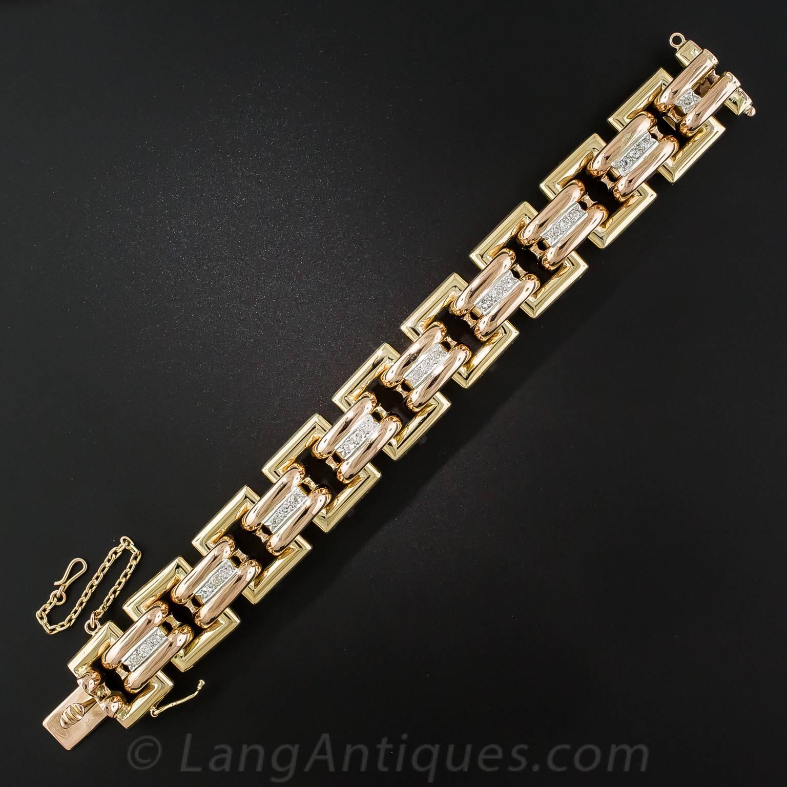 Bold Diamond Tricolor Gold Retro Geometric Link Bracelet In Excellent Condition For Sale In San Francisco, CA