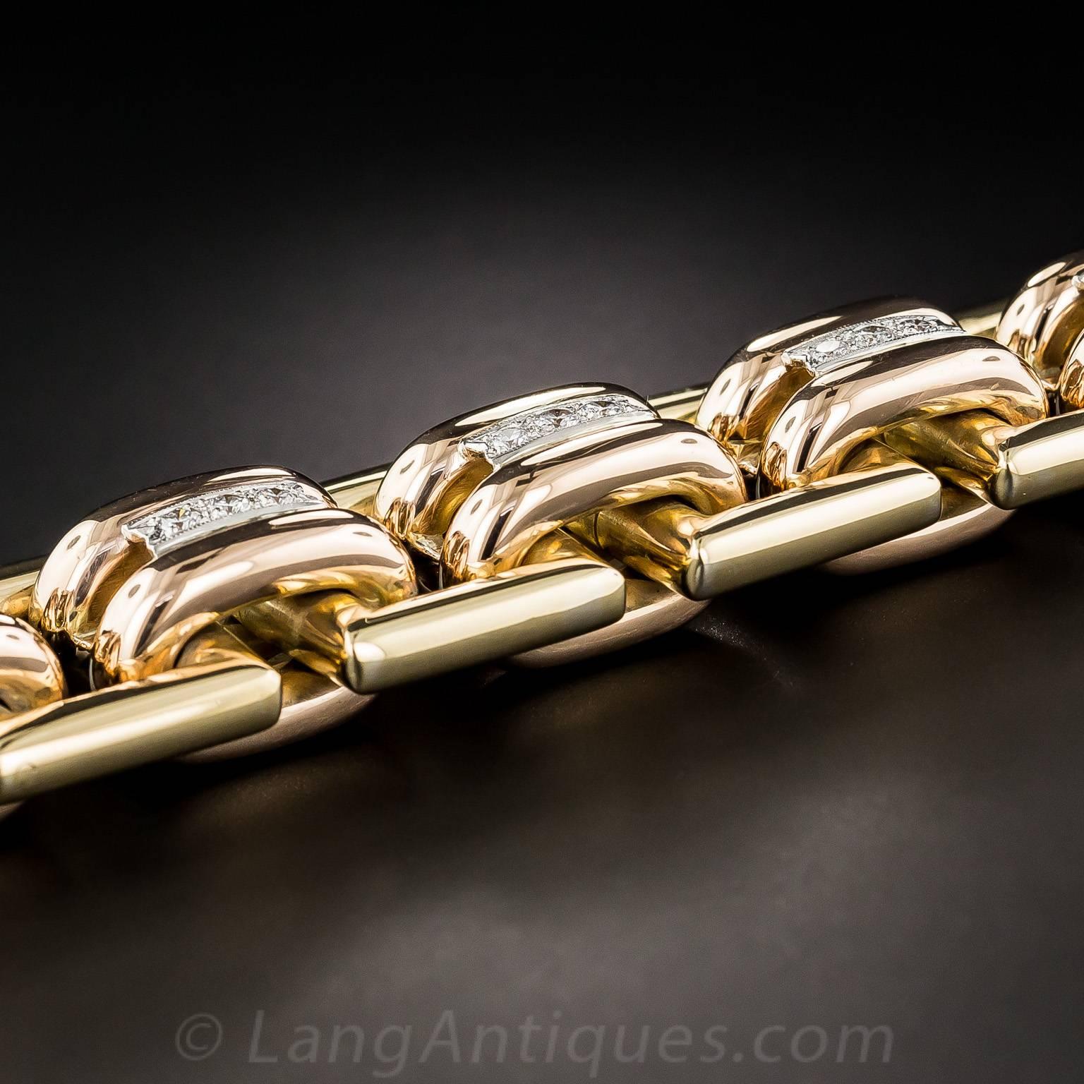 Bold Diamond Tricolor Gold Retro Geometric Link Bracelet For Sale 1
