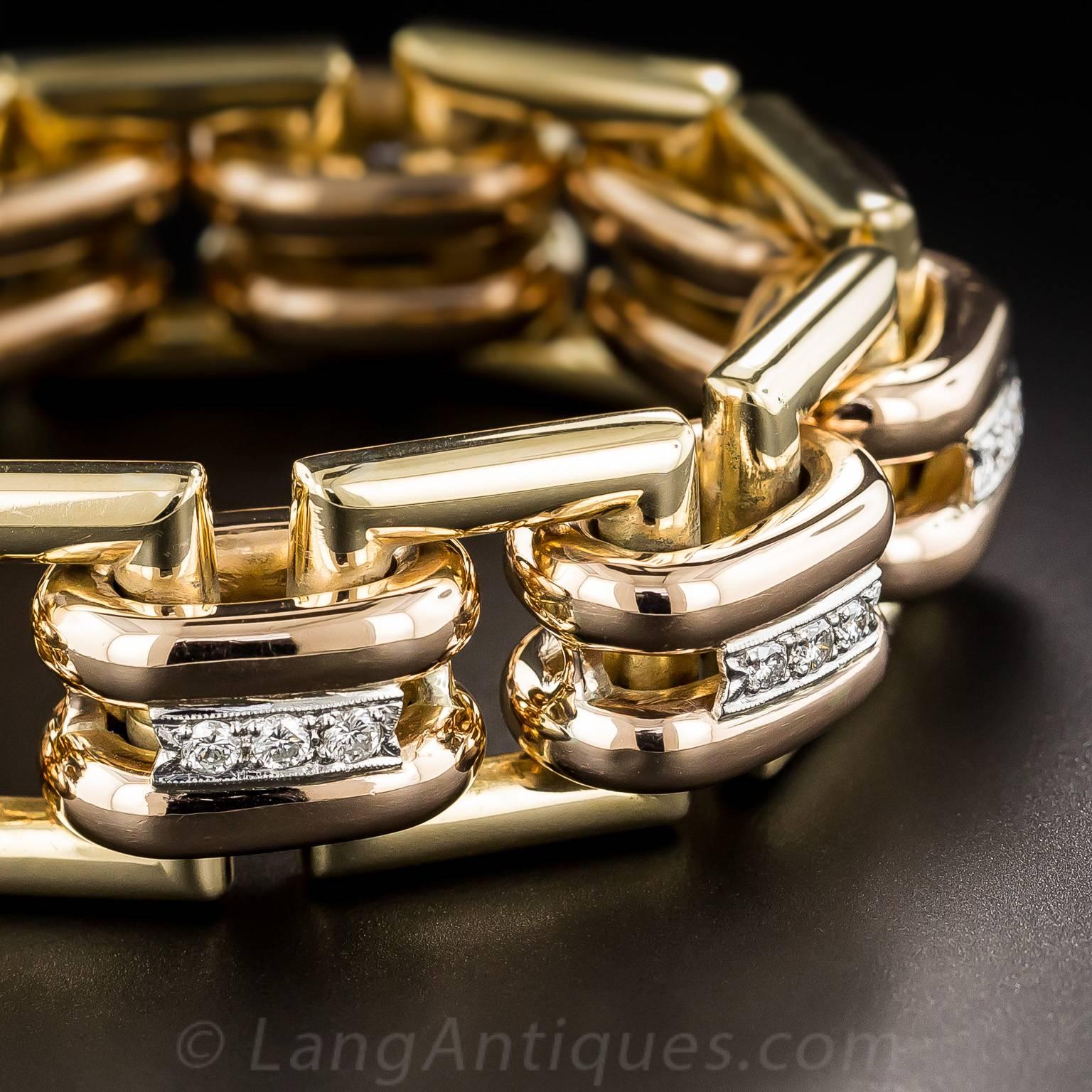 Women's or Men's Bold Diamond Tricolor Gold Retro Geometric Link Bracelet For Sale