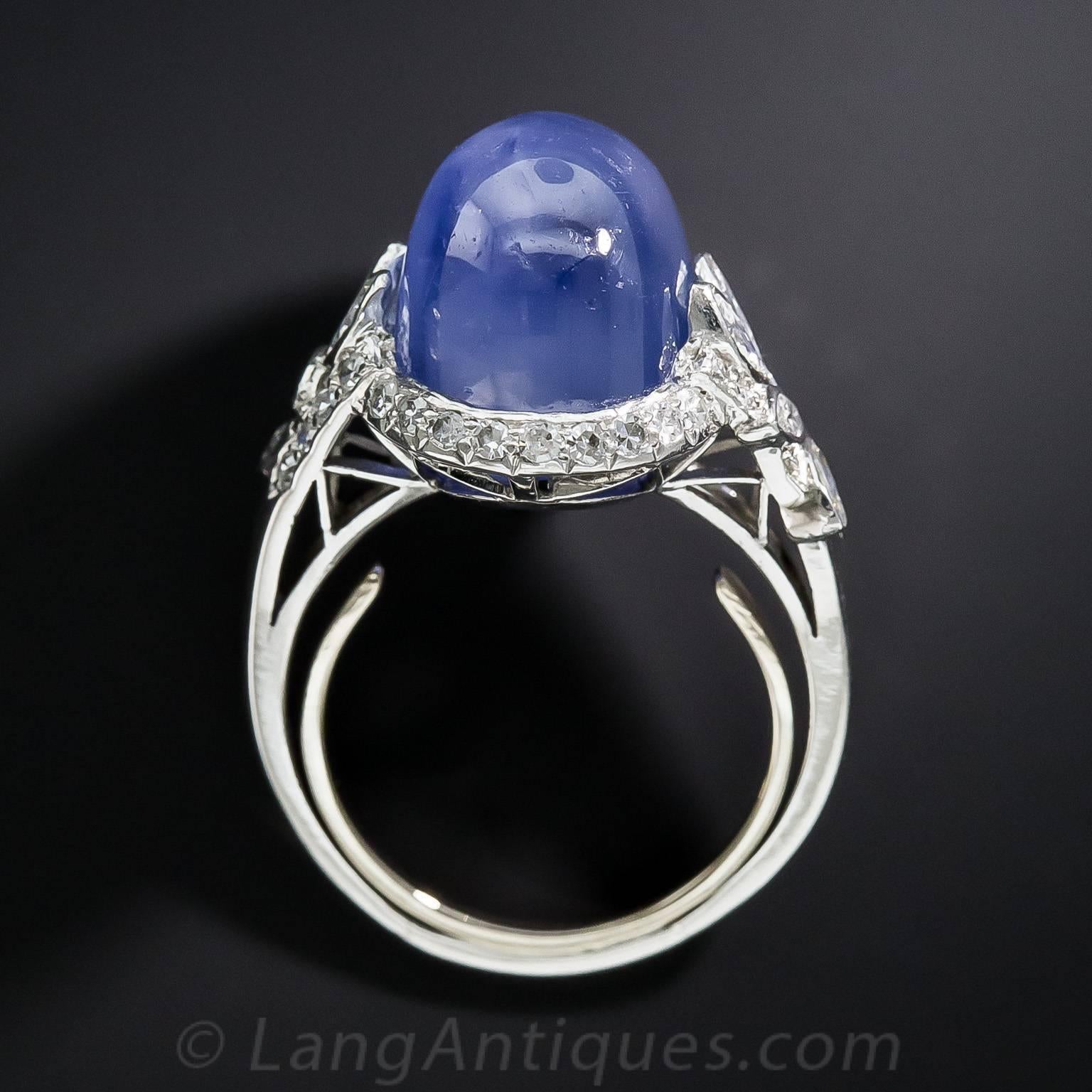 19 Carat No-Heat Burma Star Sapphire and Diamond Late Art Deco Ring For Sale 1