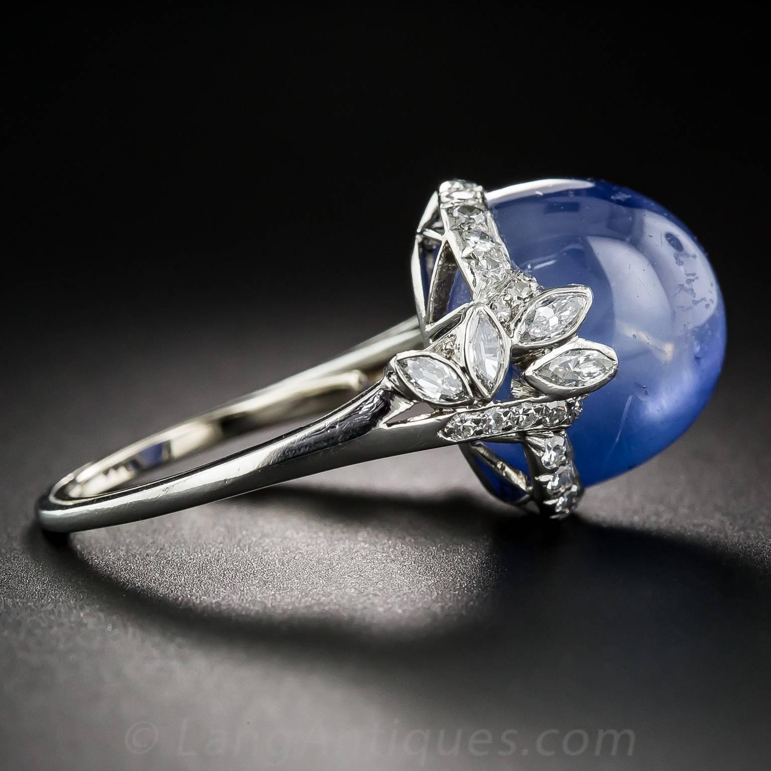 19 Carat No-Heat Burma Star Sapphire and Diamond Late Art Deco Ring In Excellent Condition For Sale In San Francisco, CA