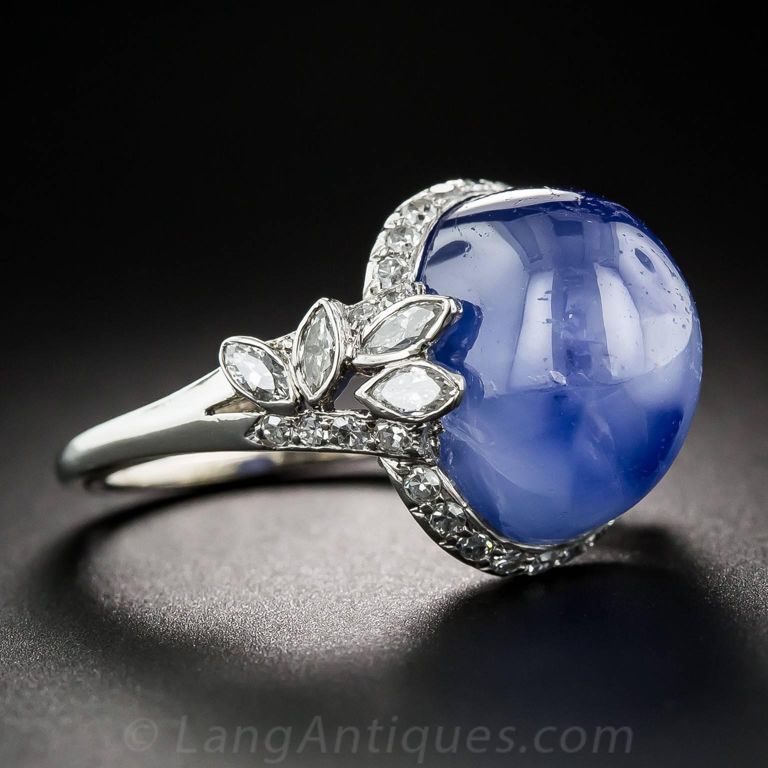 Marquise Cut 19 Carat No-Heat Burma Star Sapphire and Diamond Late Art Deco Ring For Sale