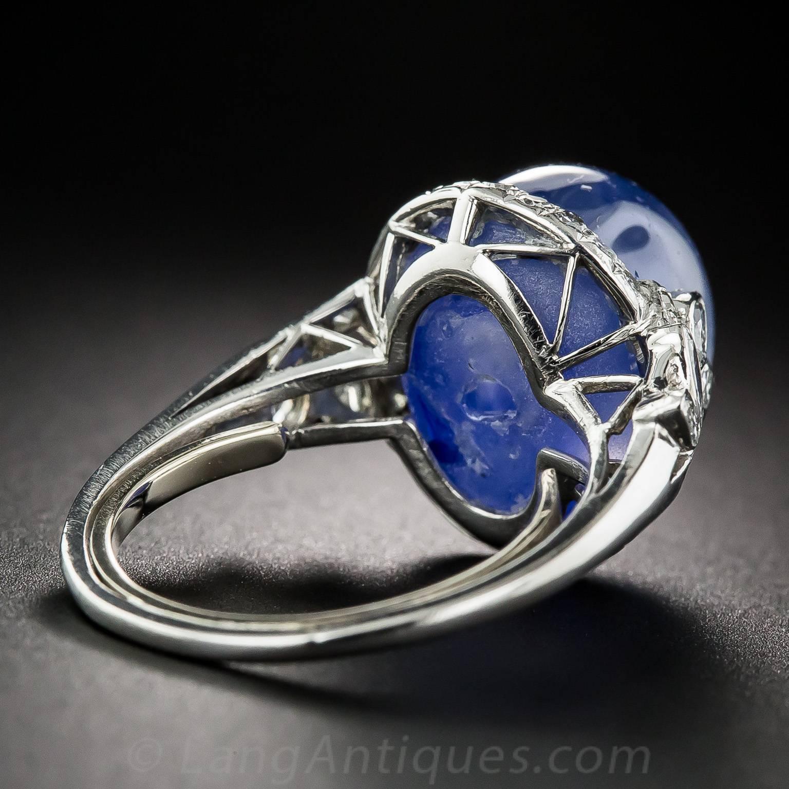 Women's 19 Carat No-Heat Burma Star Sapphire and Diamond Late Art Deco Ring For Sale