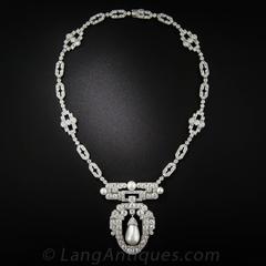 1920s Spectacular Art Deco Natural Pearl Diamond Platinum Necklace - GIA