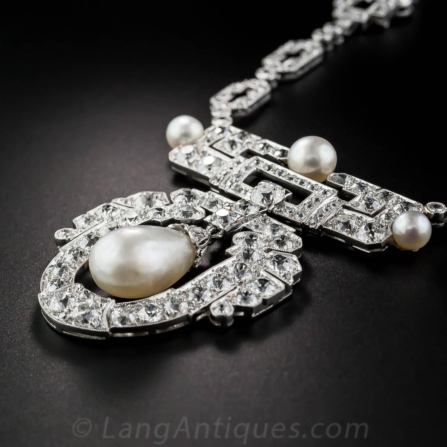 1920s Spectacular Art Deco Natural Pearl Diamond Platinum Necklace - GIA For Sale 1