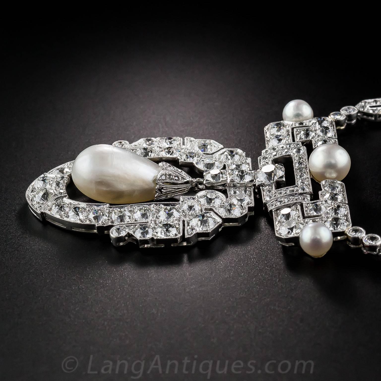 1920s Spectacular Art Deco Natural Pearl Diamond Platinum Necklace - GIA For Sale 2