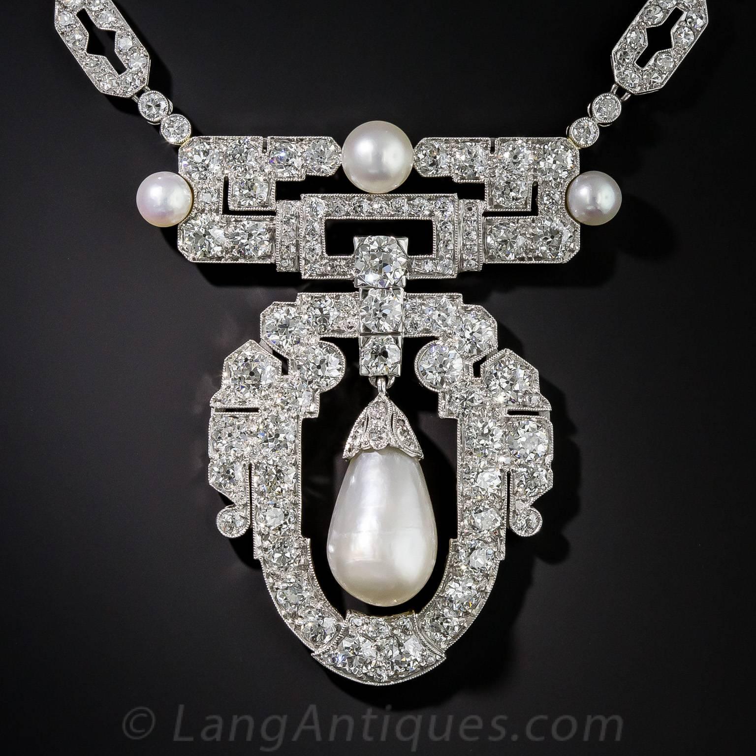 1920s Spectacular Art Deco Natural Pearl Diamond Platinum Necklace - GIA In Excellent Condition For Sale In San Francisco, CA