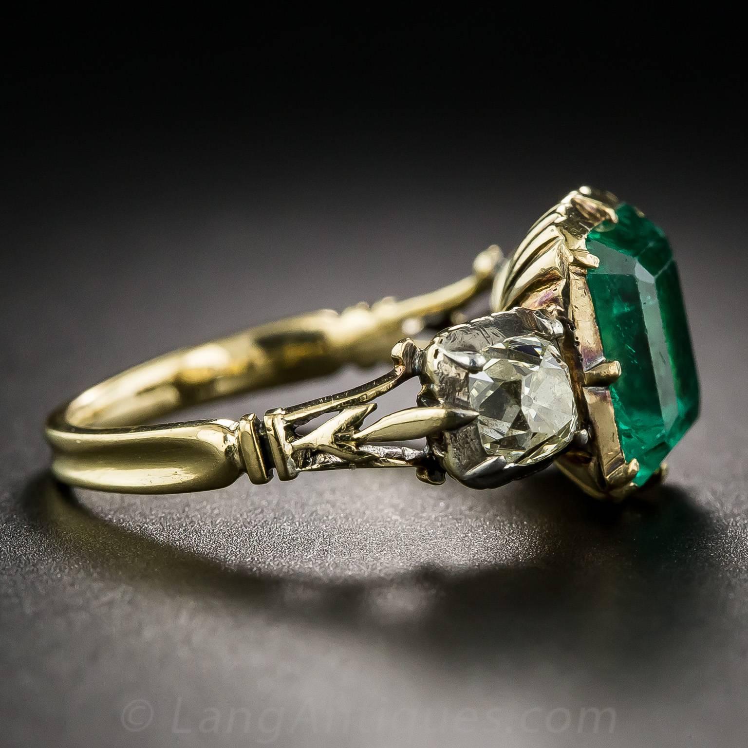 Women's or Men's Georgian Style Foil-Backed Emerald Diamond Ring