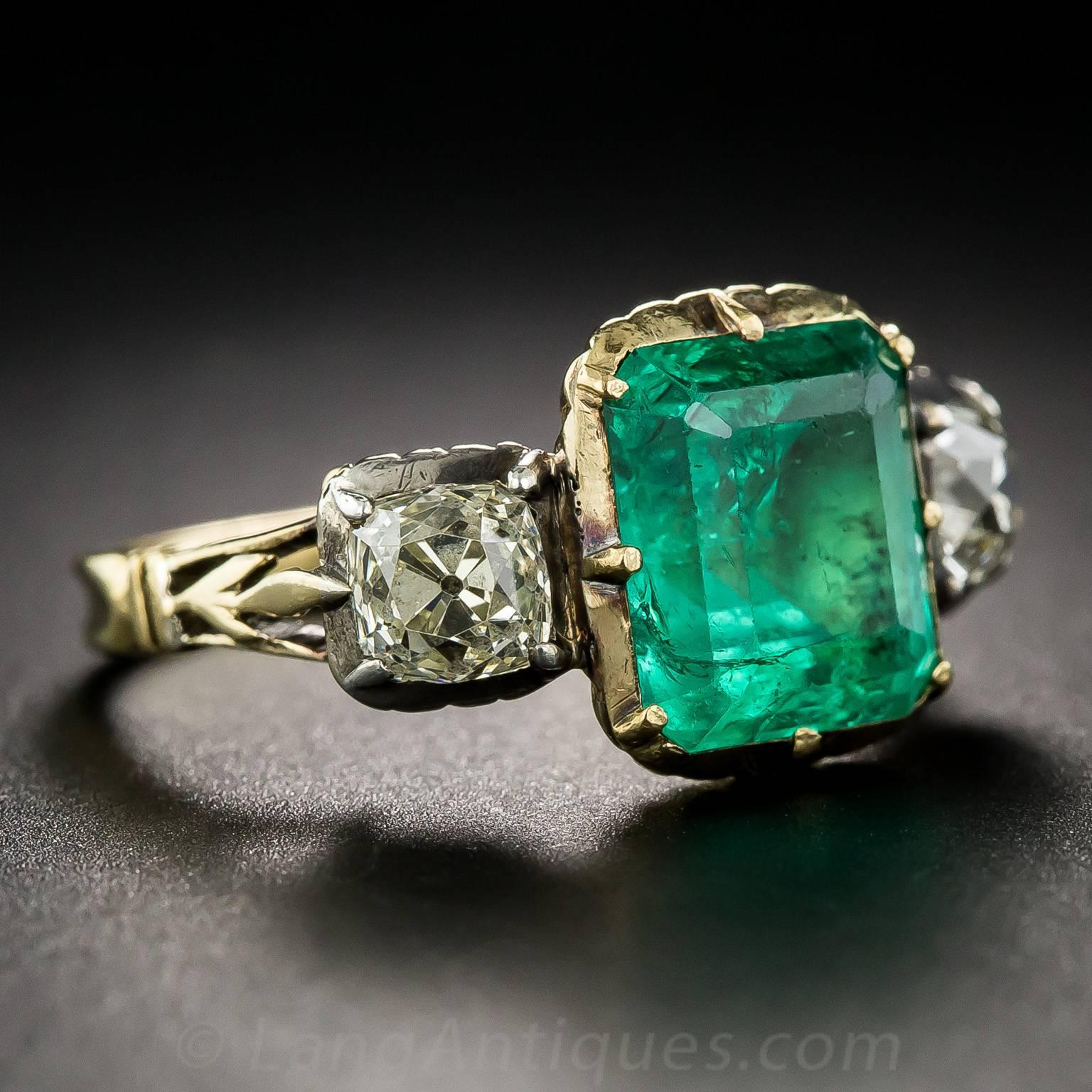 Georgian Style Foil-Backed Emerald Diamond Ring In Excellent Condition In San Francisco, CA