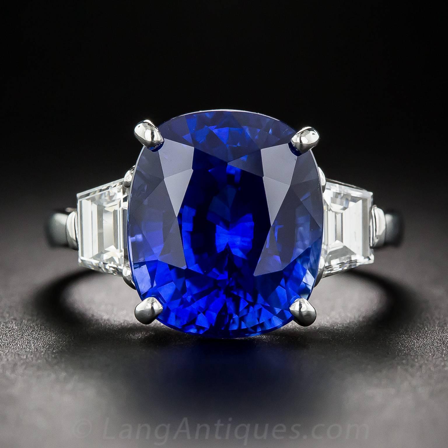 Few, if any, sapphires come bluer or as beautiful as this absolutely gorgeous, cushion-cut Ceylon sapphire, weighing 9.48 carats. The majestic gemstone radiates with a rich, deeply saturated royal blue hue that more resembles a classic Burmese color