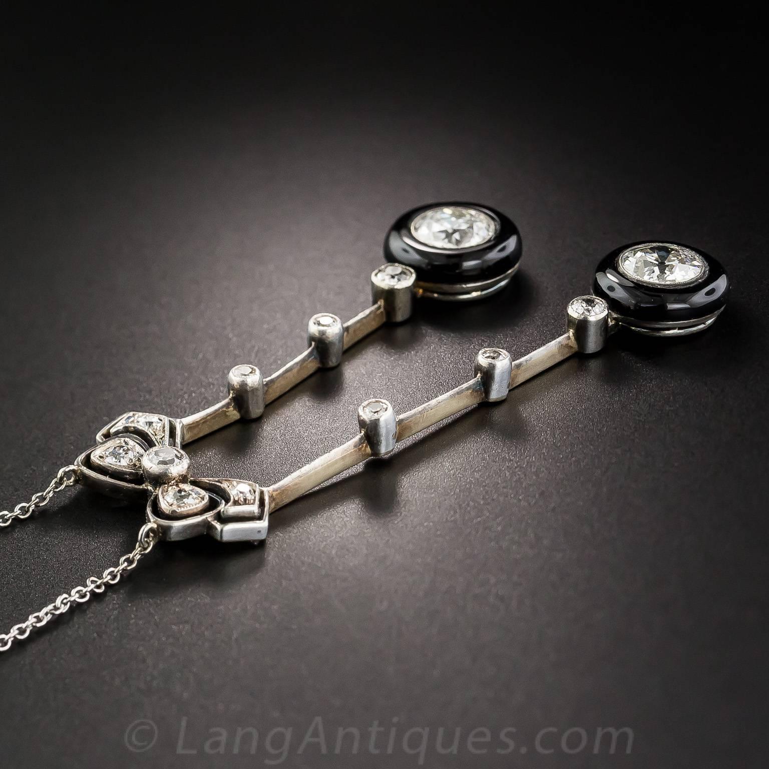 Women's or Men's Late Edwardian Early Art Deco Black Onyx Diamond Negligee Necklace For Sale