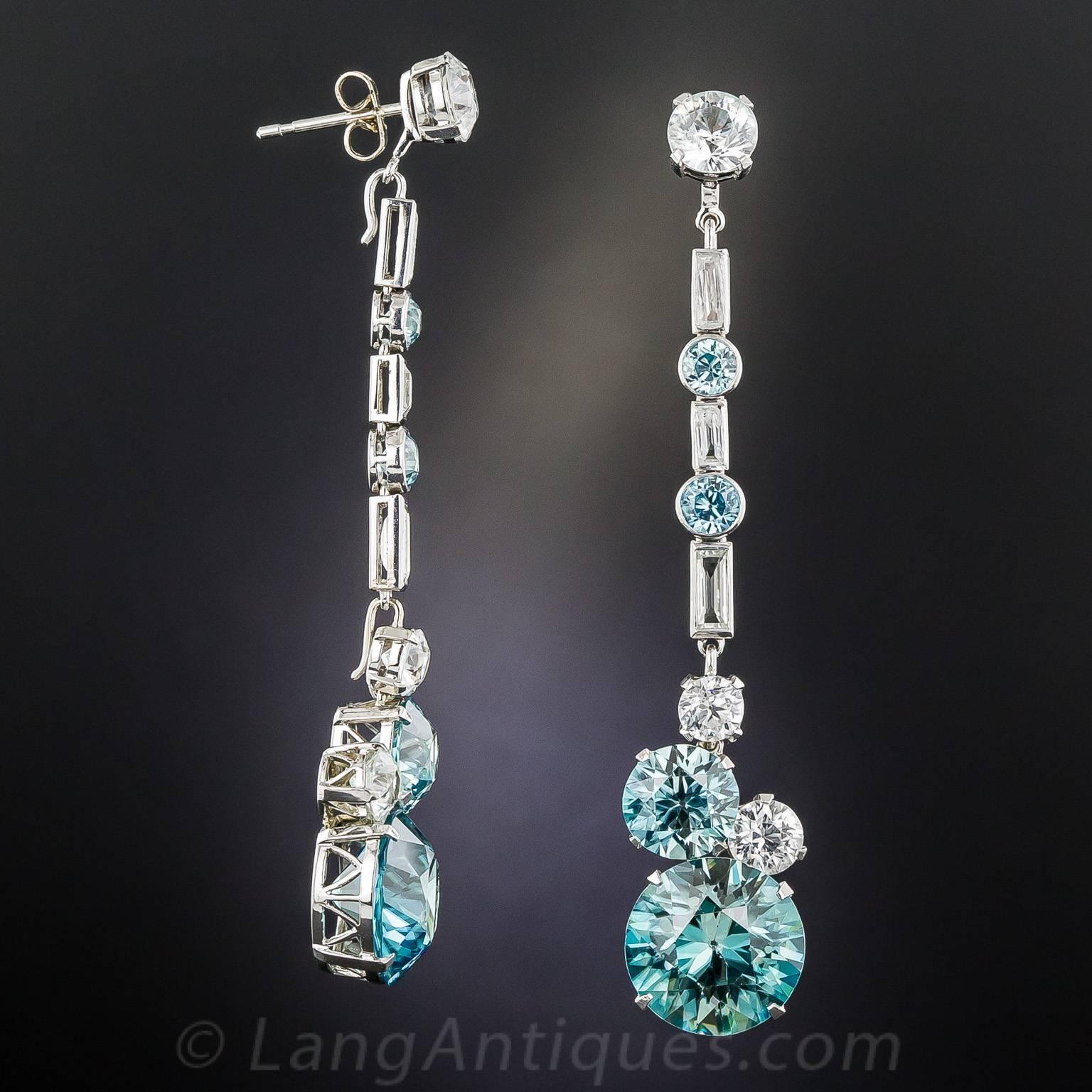 Art Deco 1930s Convertible Long Blue and White Zircon Gold Earrings For Sale