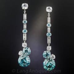 1930s Convertible Long Blue and White Zircon Gold Earrings