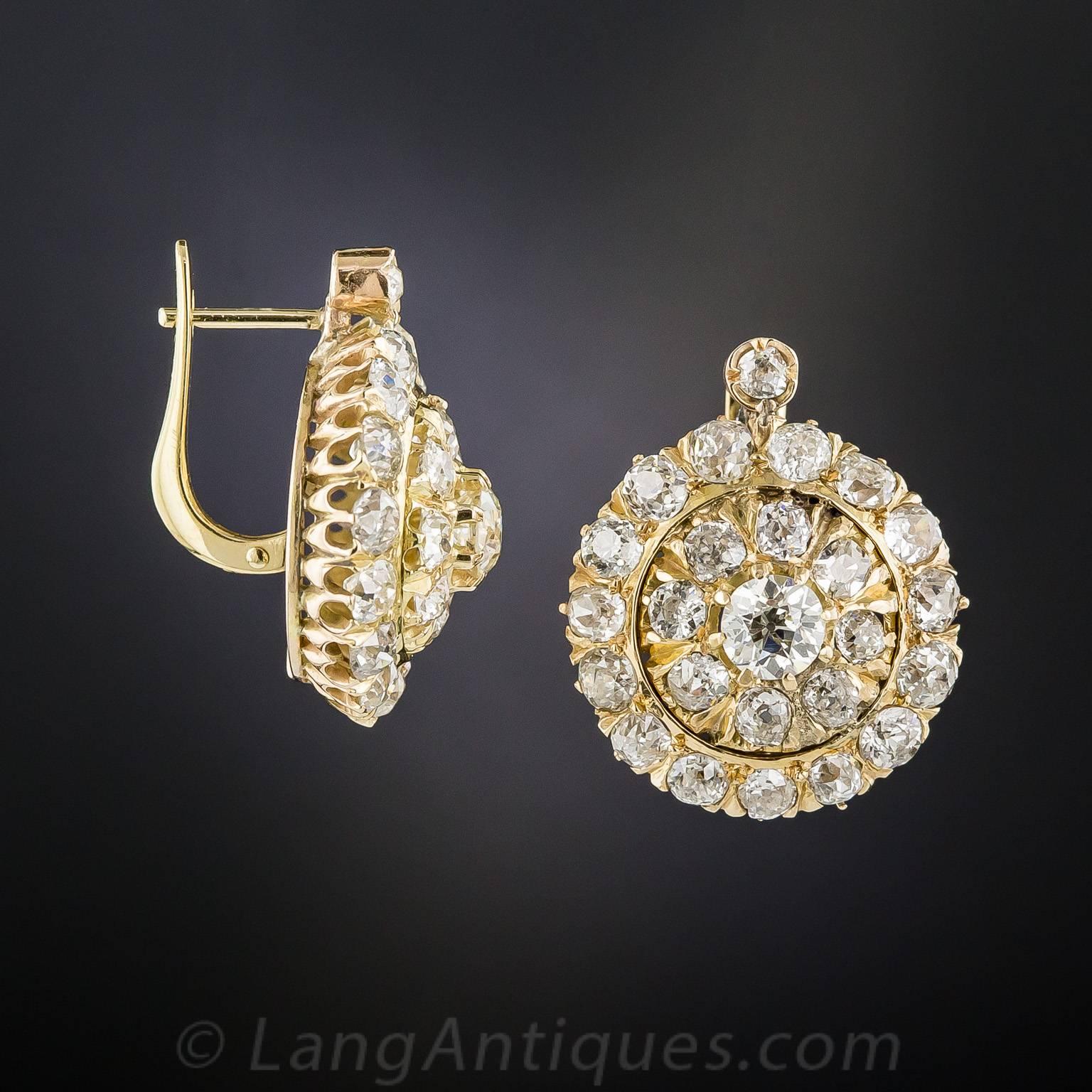 Late Victorian 8.00 Carats Diamonds Gold Cluster Earrings For Sale