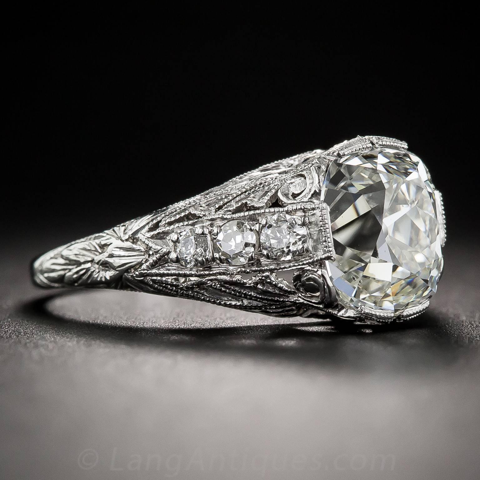 Art Deco 2.69 Carat GIA Cert Cushion Cut Diamond Platinum Ring  In Excellent Condition In San Francisco, CA