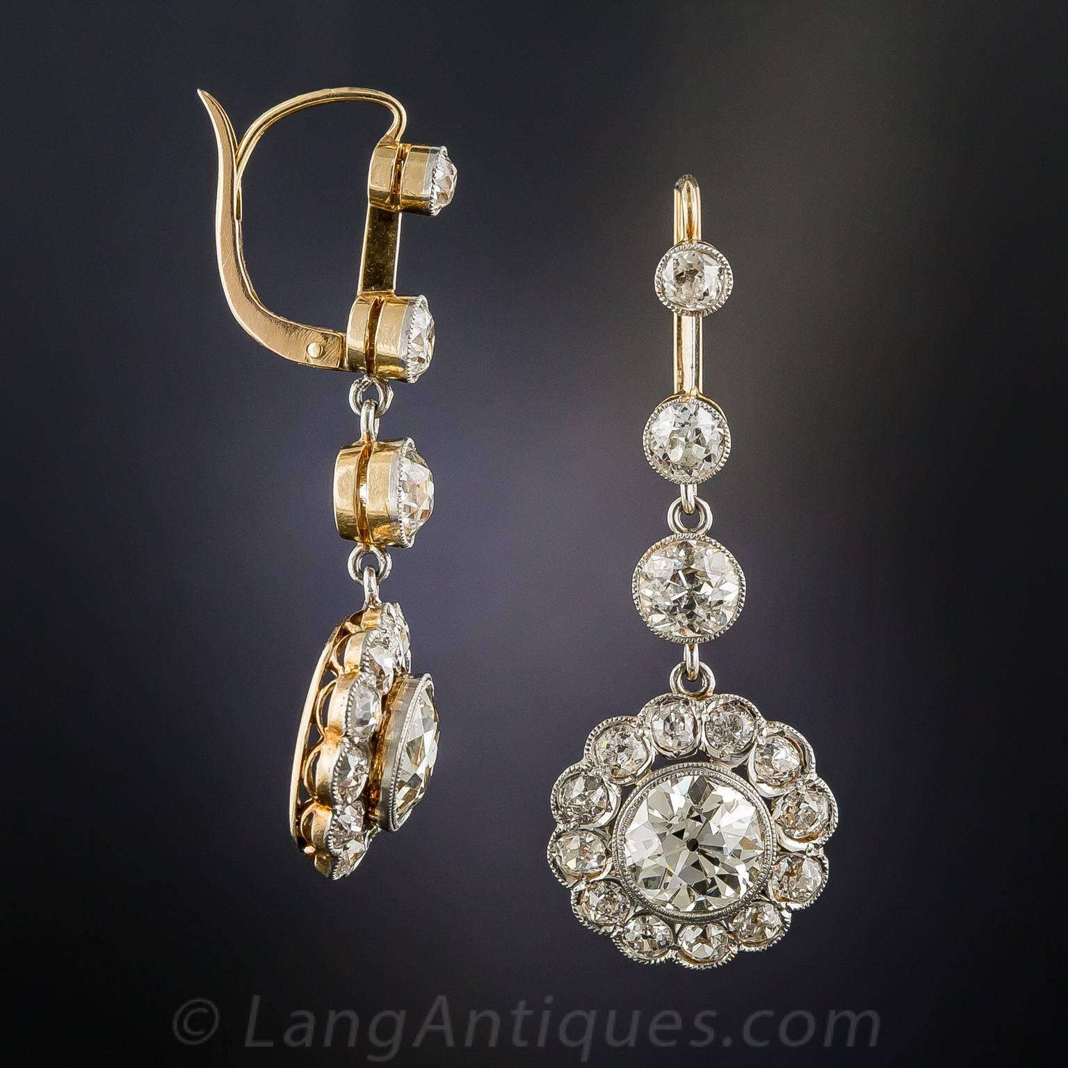 Art Deco 7.50 Carat Diamond Gold Platinum Cluster Dangle Drops For Sale