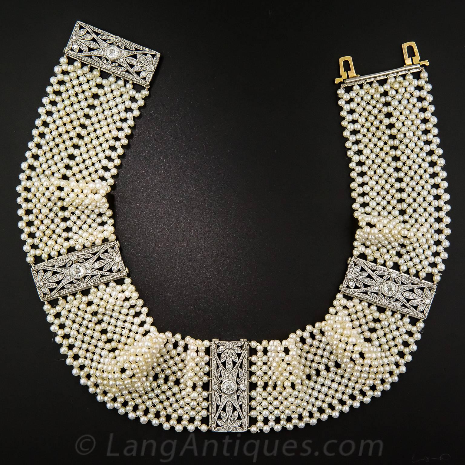 French Edwardian Diamond and Seed Pearl Choker In Good Condition For Sale In San Francisco, CA