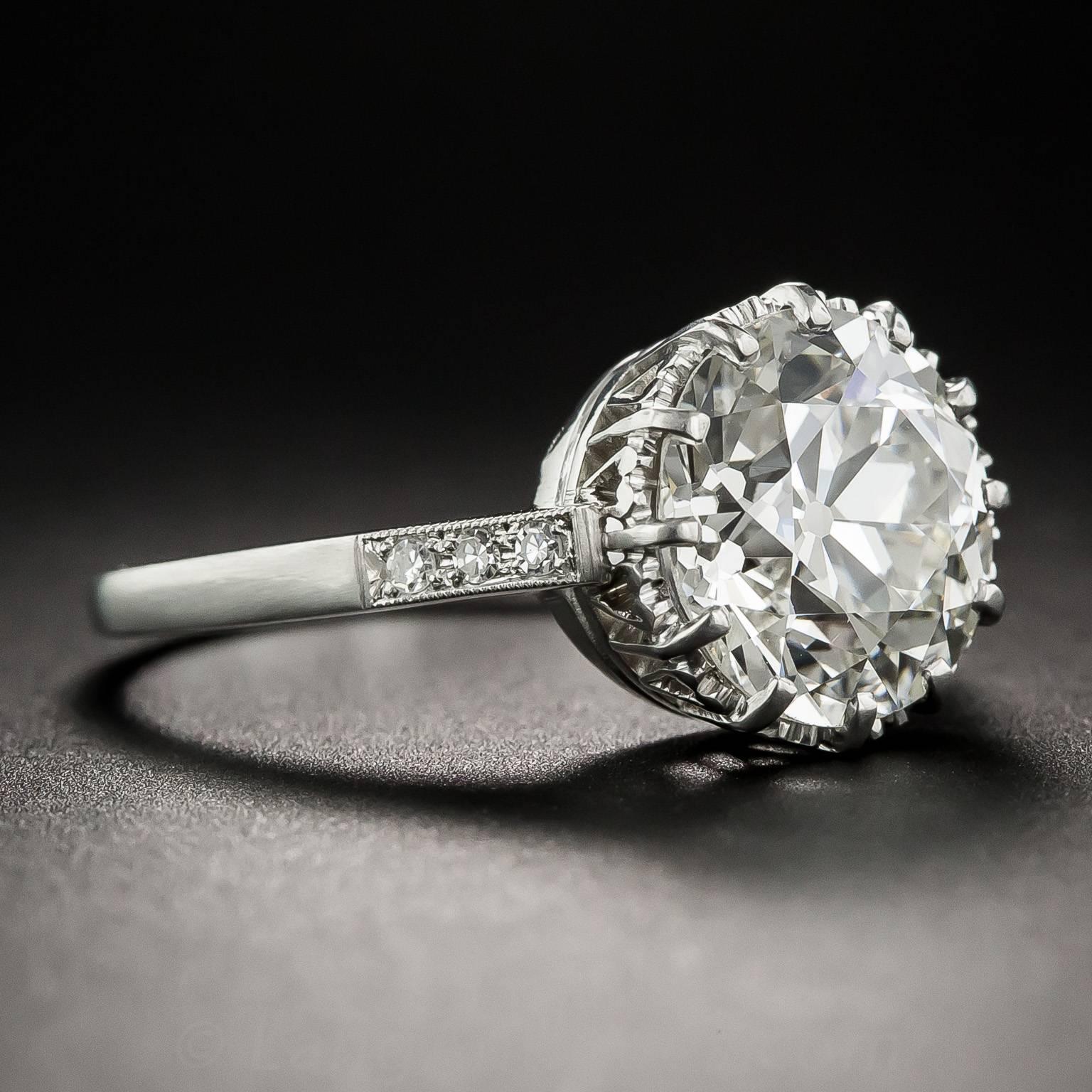 Art Deco 3.36 Carat European-Cut Diamond Solitaire Ring - GIA J VS2 For Sale