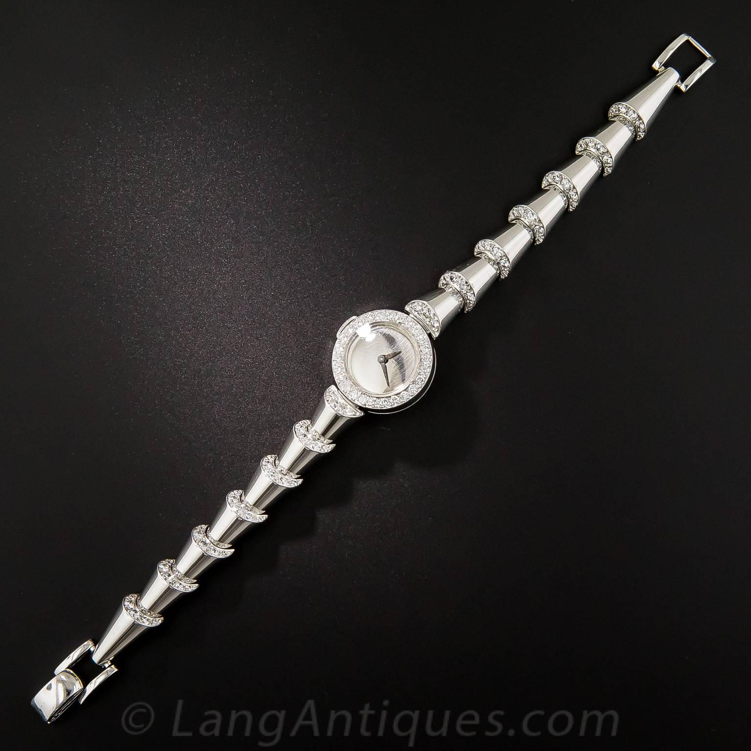 Oscar Heyman Platinum Diamond Mid-Century Bracelet Wristwatch In Excellent Condition For Sale In San Francisco, CA