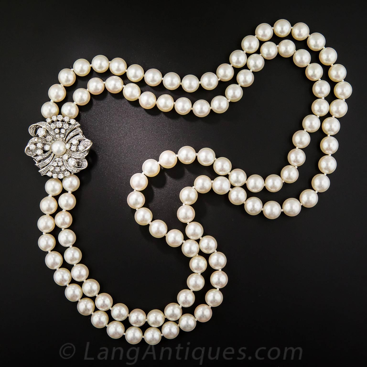 Mid Century Double Strand Cultured Pearl Necklace with Diamond Clasp In Excellent Condition For Sale In San Francisco, CA