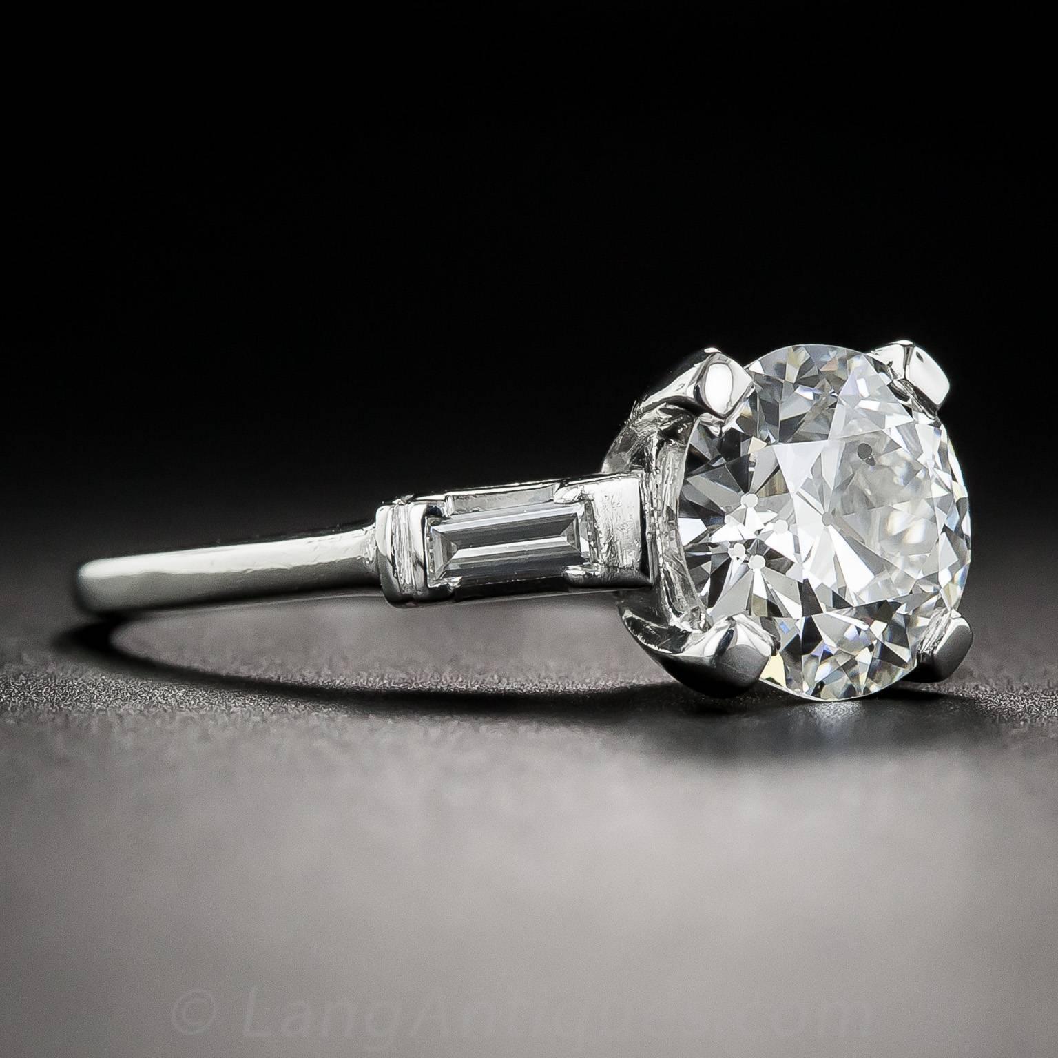 Baguette Cut 2.01 Carat GIA European-Cut Diamond Platinum Engagement Ring  For Sale