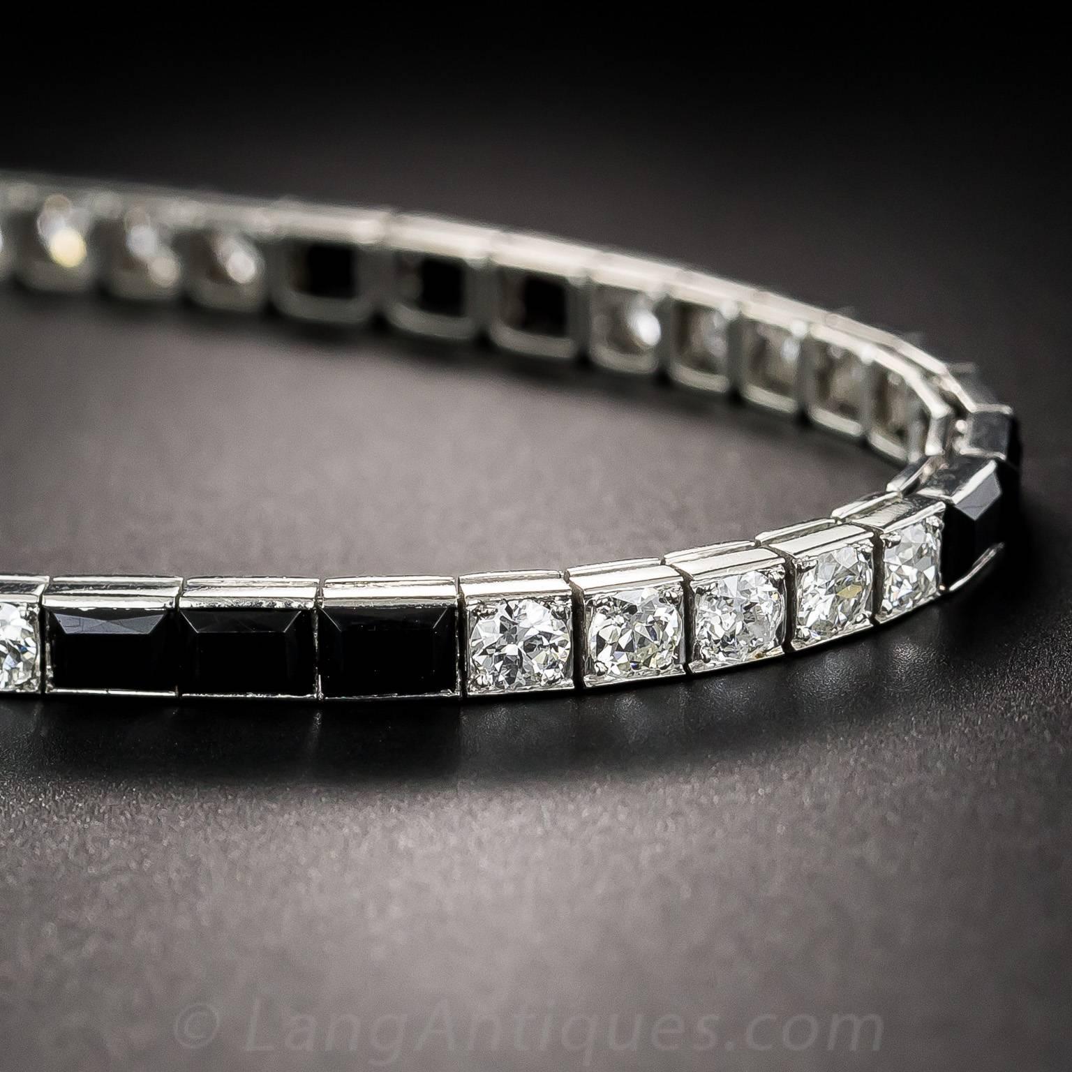 Women's Art Deco Cartier Onyx Diamond Platinum Line Bracelet