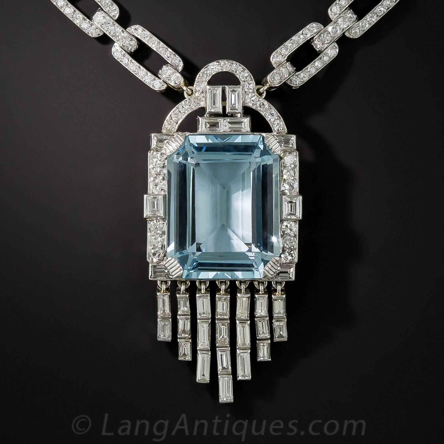 Lacloche Frères Art Deco 18.51 Carat Aquamarine & Diamond Link Necklace In Excellent Condition In San Francisco, CA