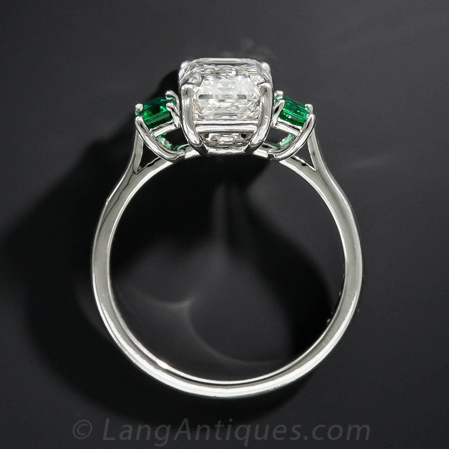 3.01 Carat GIA Emerald-Cut Diamond and Emerald Ring For Sale 2