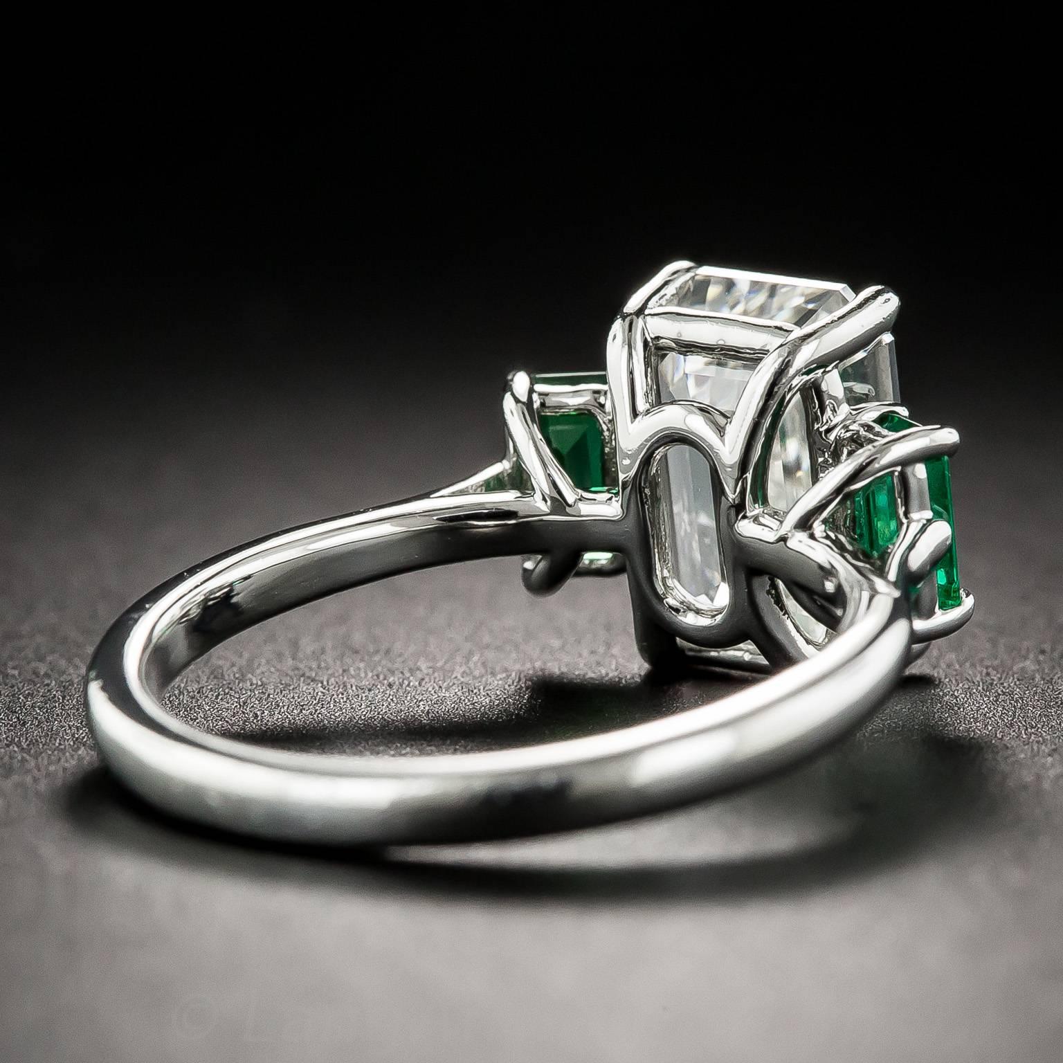 3.01 Carat GIA Emerald-Cut Diamond and Emerald Ring For Sale 1