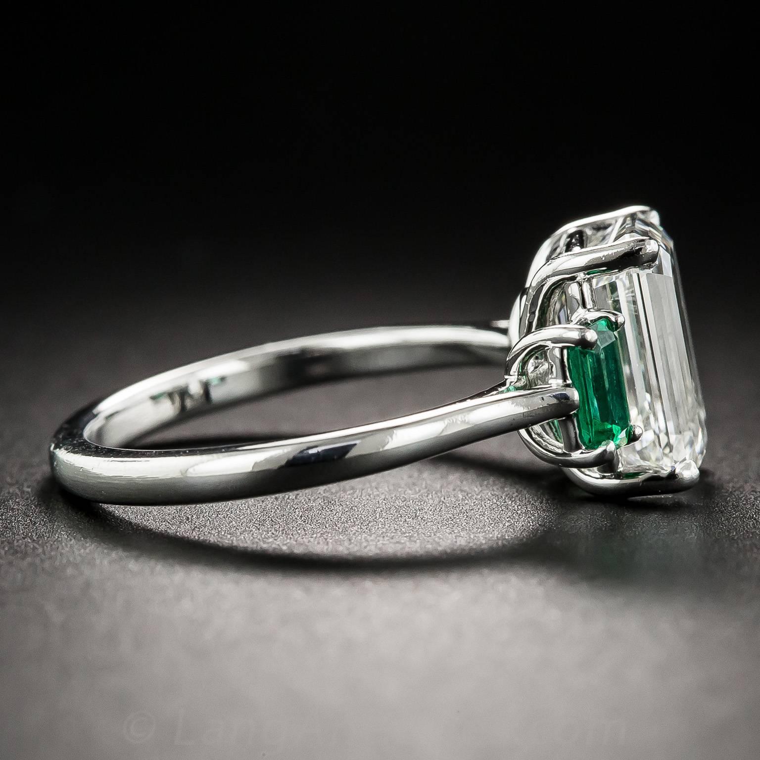 Women's 3.01 Carat GIA Emerald-Cut Diamond and Emerald Ring For Sale