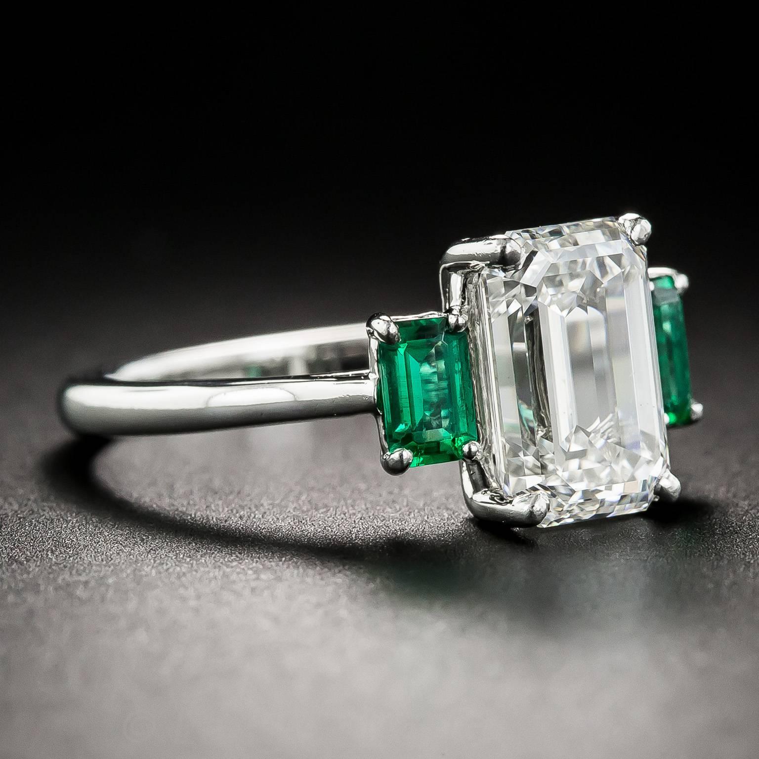 3.01 Carat GIA Emerald-Cut Diamond and Emerald Ring In New Condition For Sale In San Francisco, CA
