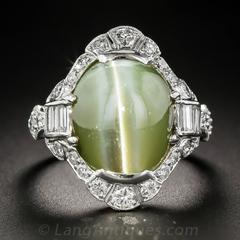 Art Deco 18.50 Carat Chrysoberyl Cat's-Eye Diamond Platinum Ring