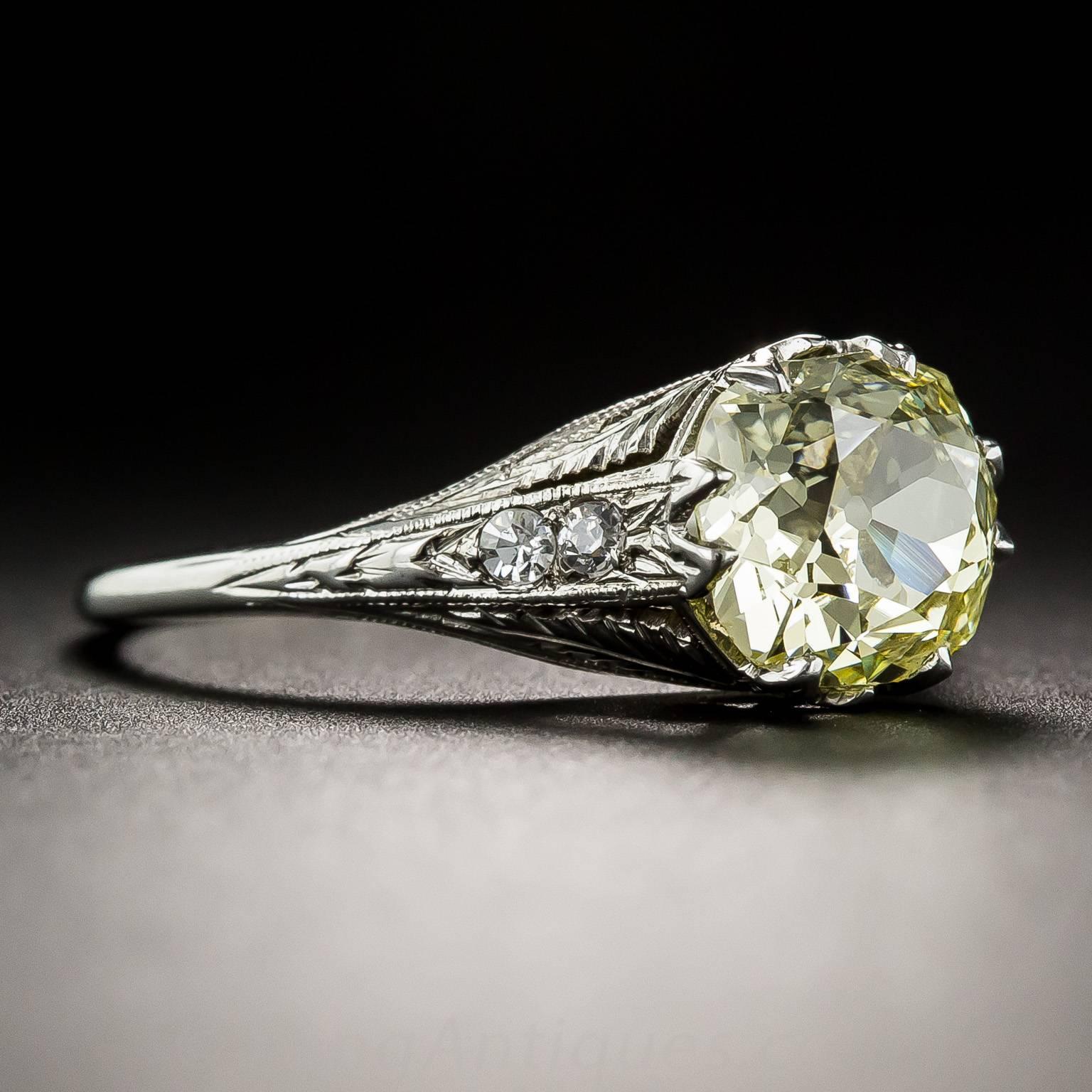 Art Deco Fancy Intense Yellow 2.02 Carat Cushion-Cut Diamond Solitaire Ring In Excellent Condition In San Francisco, CA